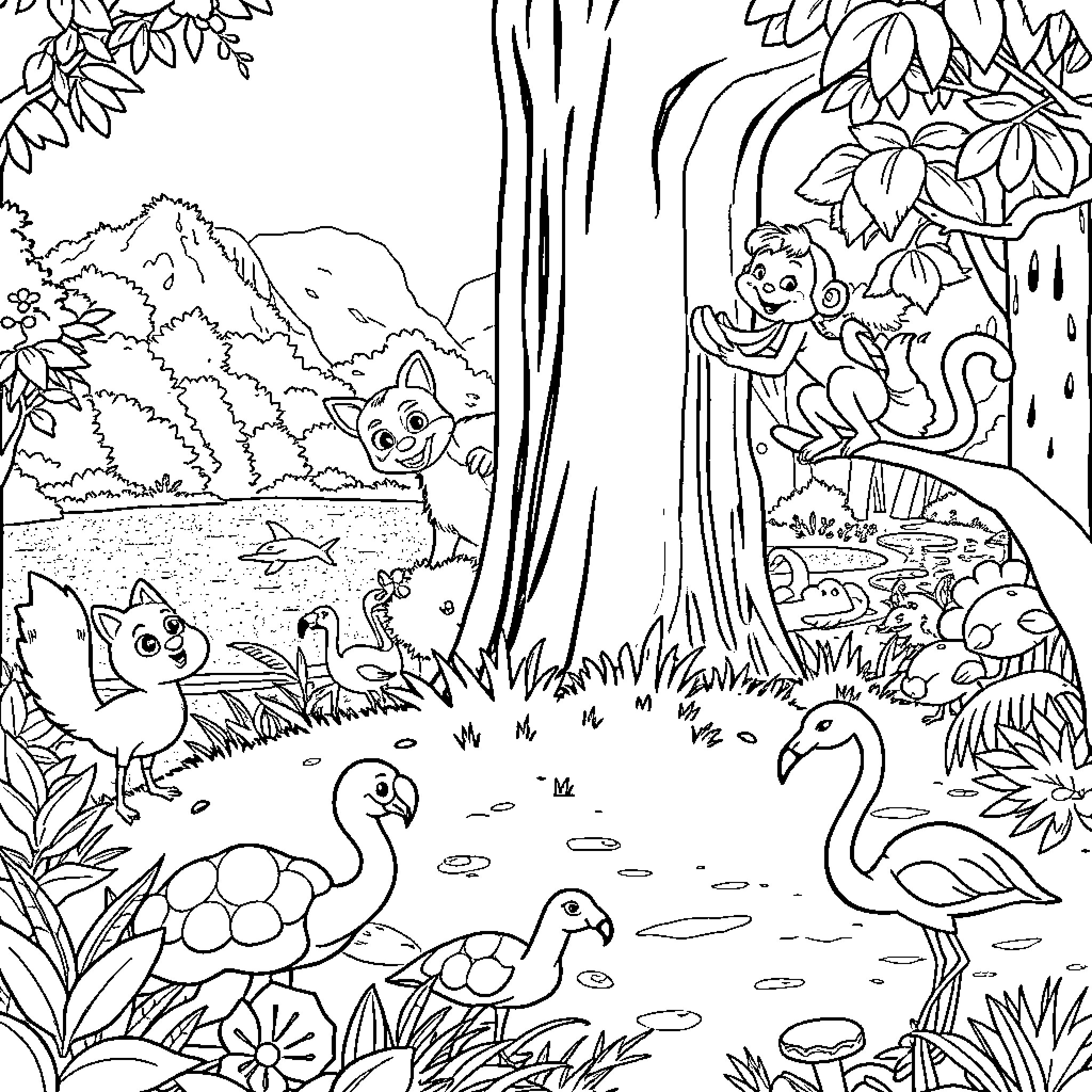 Masha's Playful Adventure in the Enchanted Forest Coloring Page (free black-and-white line drawing printable PDF for all, from beginners to advanced learners, including children, teens, adults, and seniors)