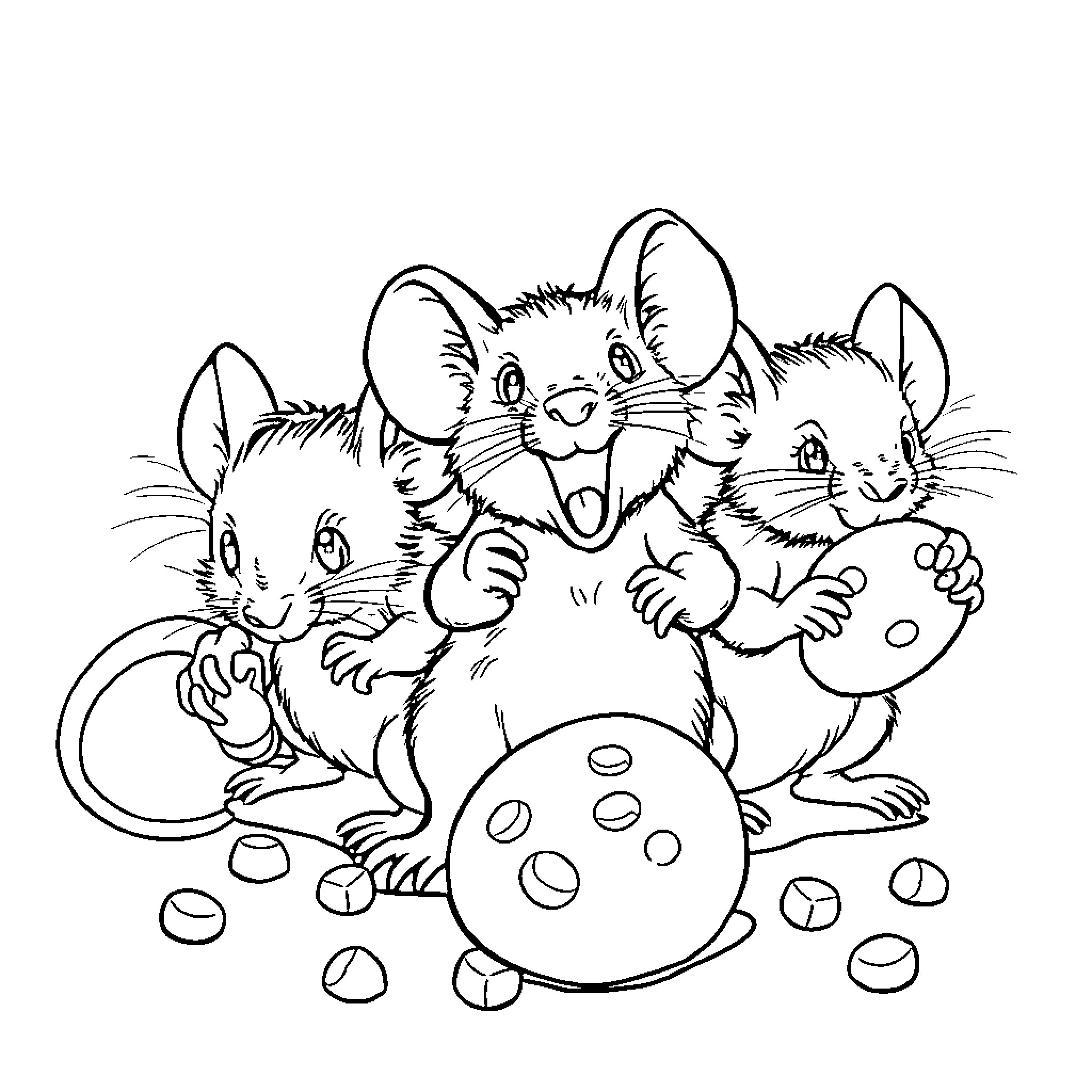 Rats playing with a ball Coloring Page (free black-and-white line drawing printable PDF for all, from beginners to advanced learners, including children, teens, adults, and seniors)