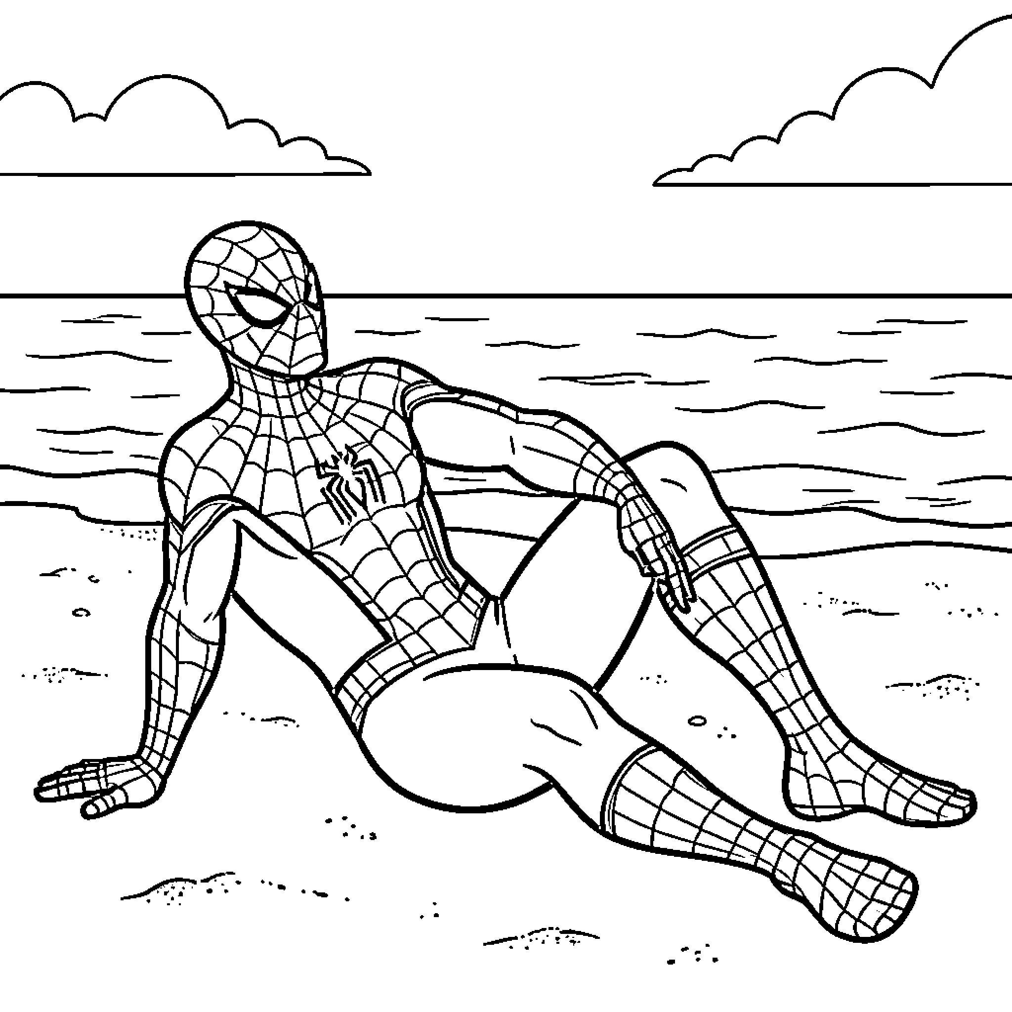 Spiderman relaxing while sitting on a sandy beach Coloring Page (free black-and-white line drawing printable PDF for all, from beginners to advanced learners, including children, teens, adults, and seniors)