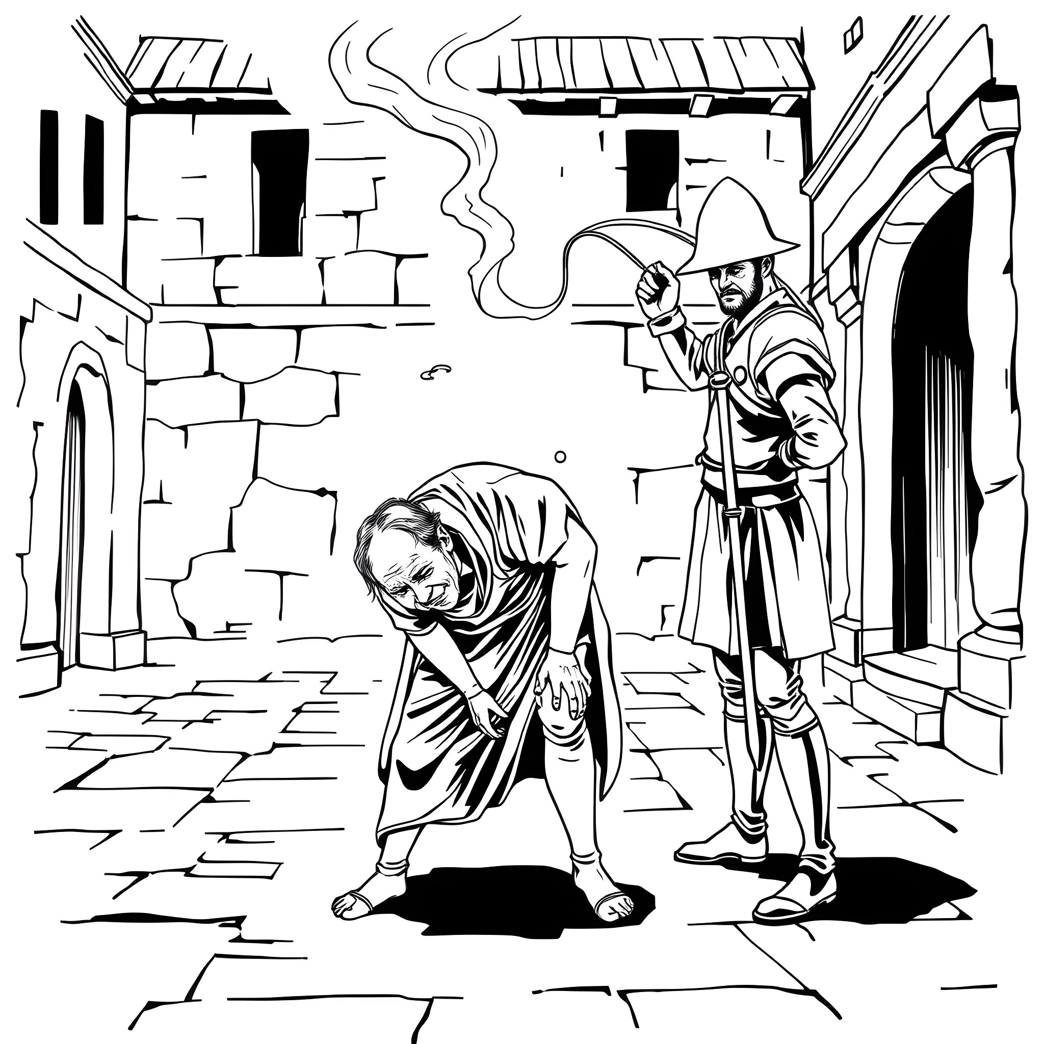 Man in distress aided by another man in old town Coloring Page (free black-and-white line drawing printable PDF for all, from beginners to advanced learners, including children, teens, adults, and seniors)