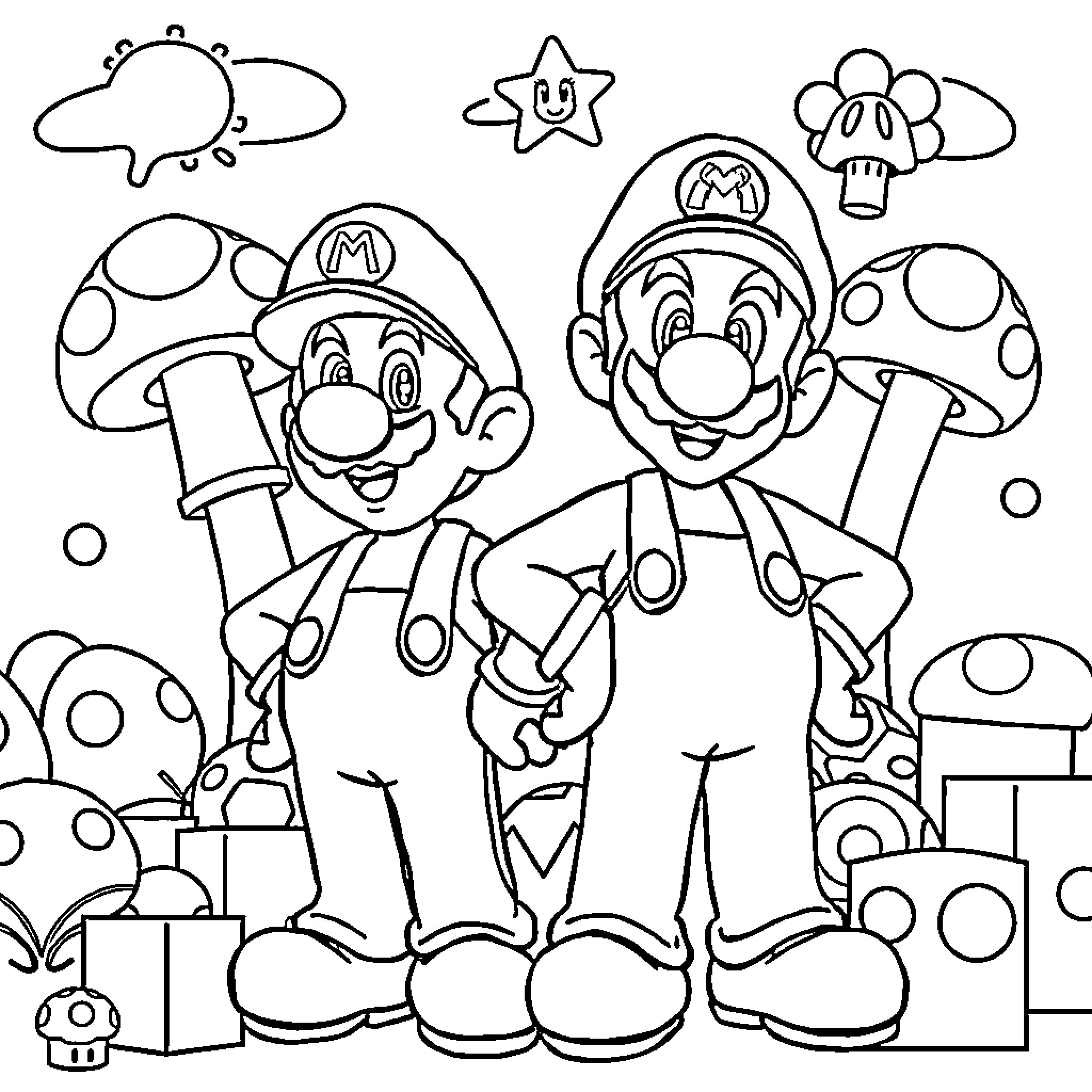Mario Bros Characters in Illustrated Cartoon Scene Coloring Page (free black-and-white line drawing printable PDF for all, from beginners to advanced learners, including children, teens, adults, and seniors)
