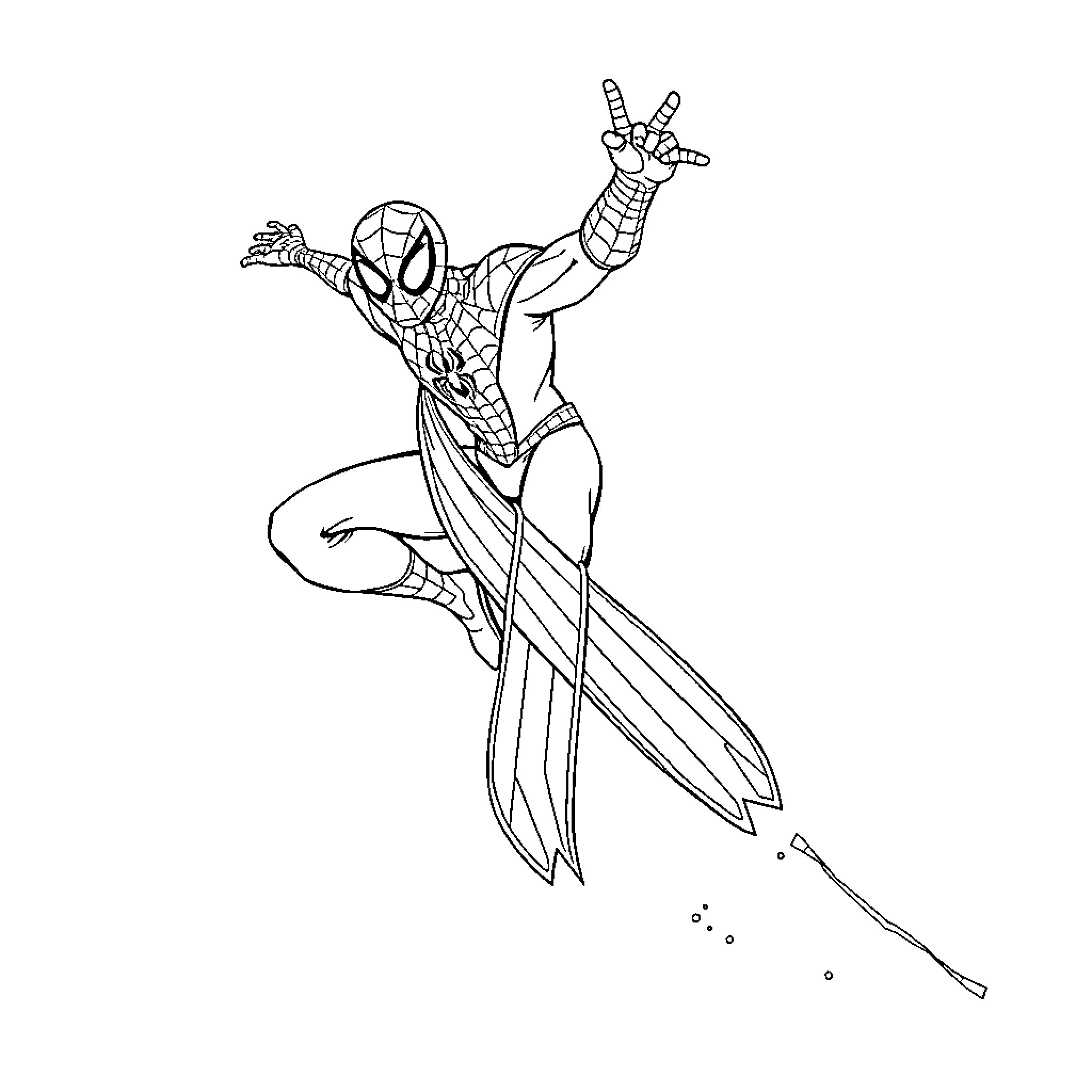 Spider-Man swinging with web-slinging action Coloring Page (free black-and-white line drawing printable PDF for all, from beginners to advanced learners, including children, teens, adults, and seniors)