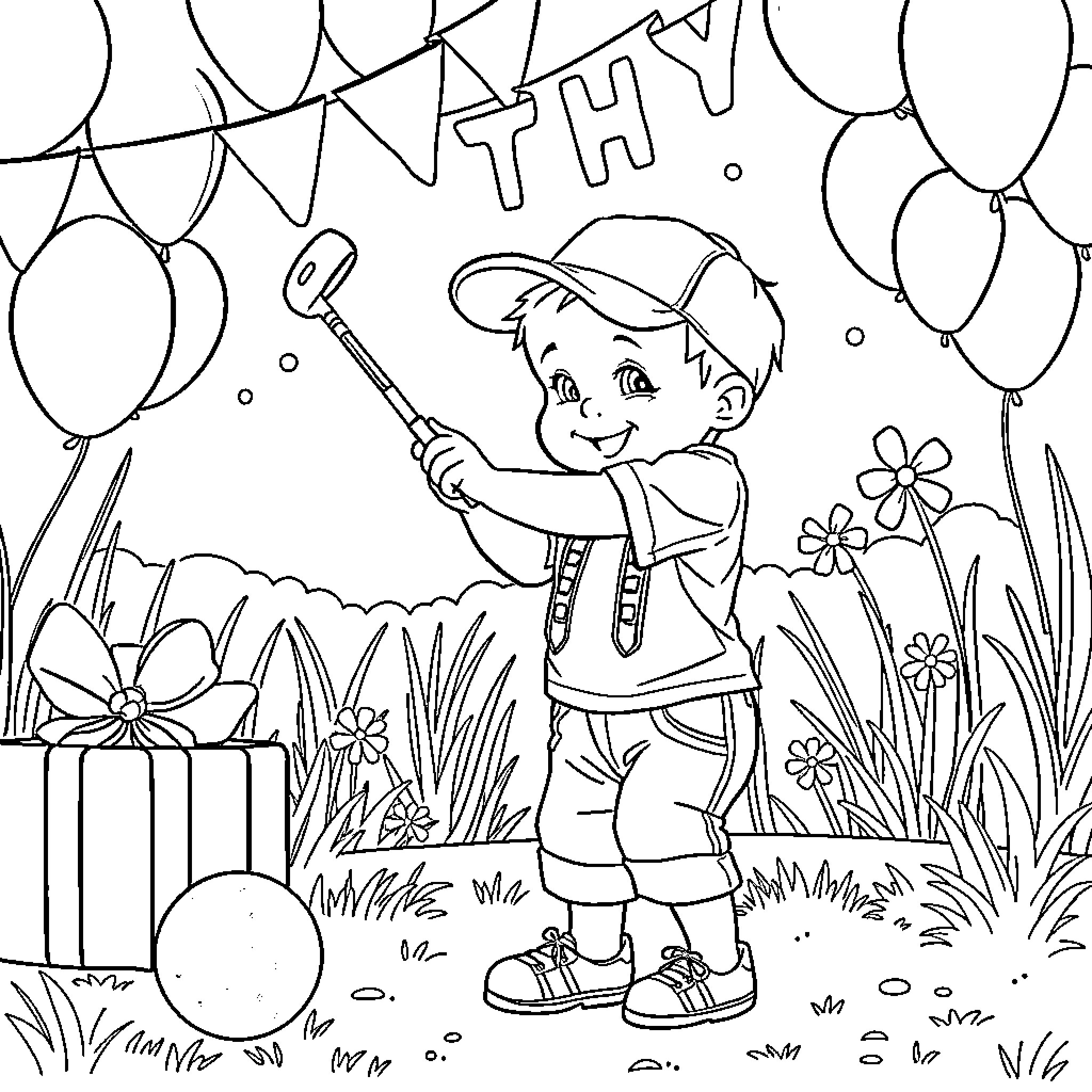 Boy celebrating birthday party outdoors Coloring Page (free black-and-white line drawing printable PDF for all, from beginners to advanced learners, including children, teens, adults, and seniors)