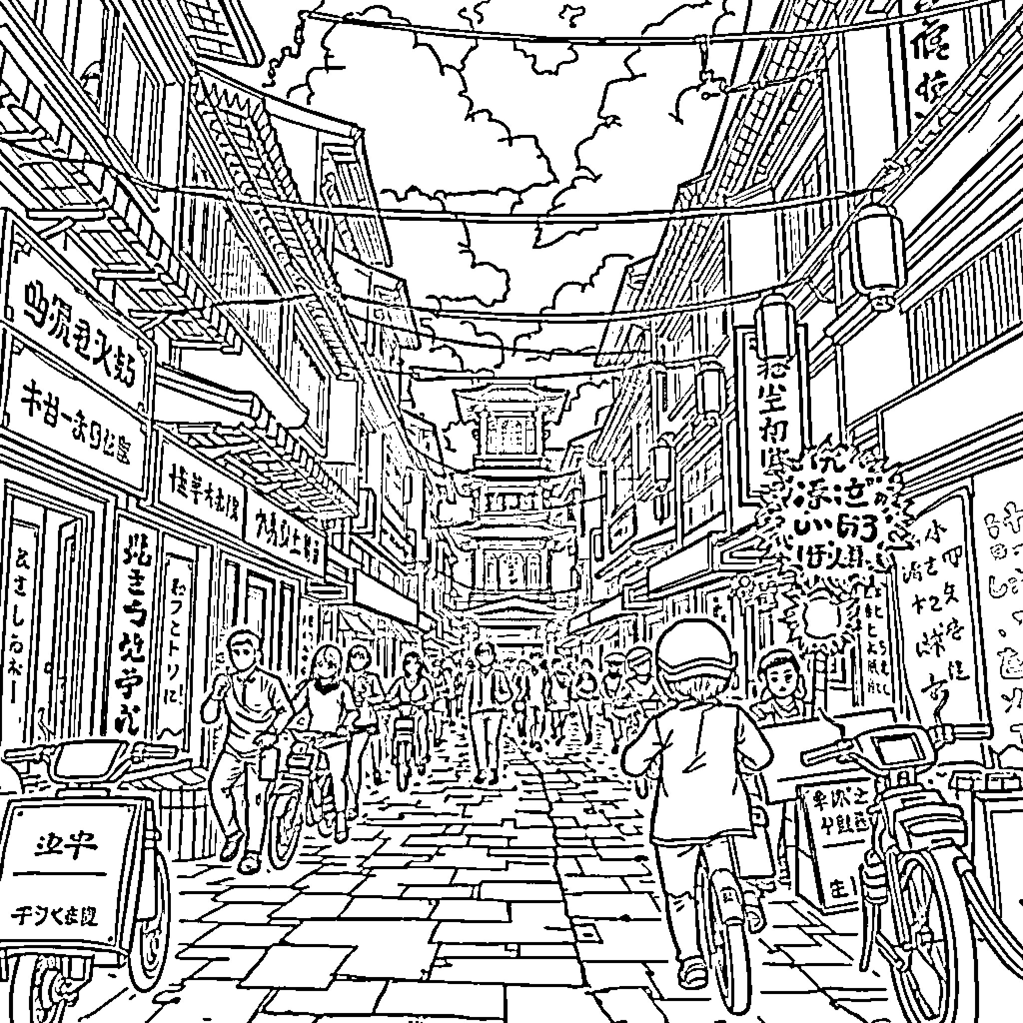 Xuanli's Vibrant City Street Coloring Page (free black-and-white line drawing printable PDF for all, from beginners to advanced learners, including children, teens, adults, and seniors)