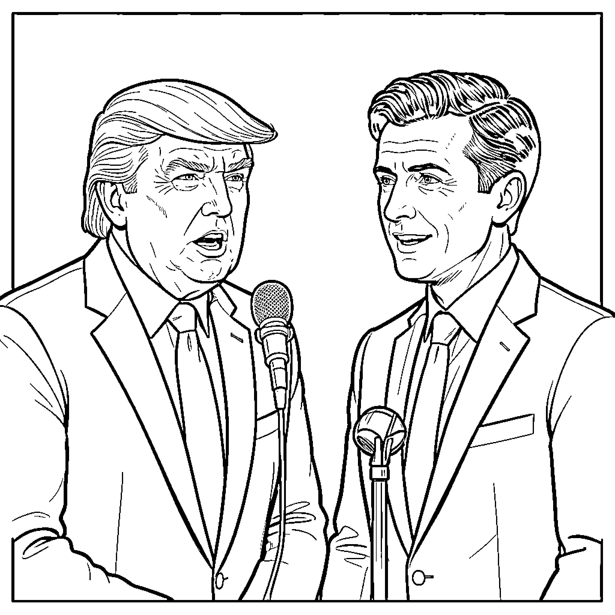 Trump speaking into a microphone next to a man Coloring Page (free black-and-white line drawing printable PDF for all, from beginners to advanced learners, including children, teens, adults, and seniors)