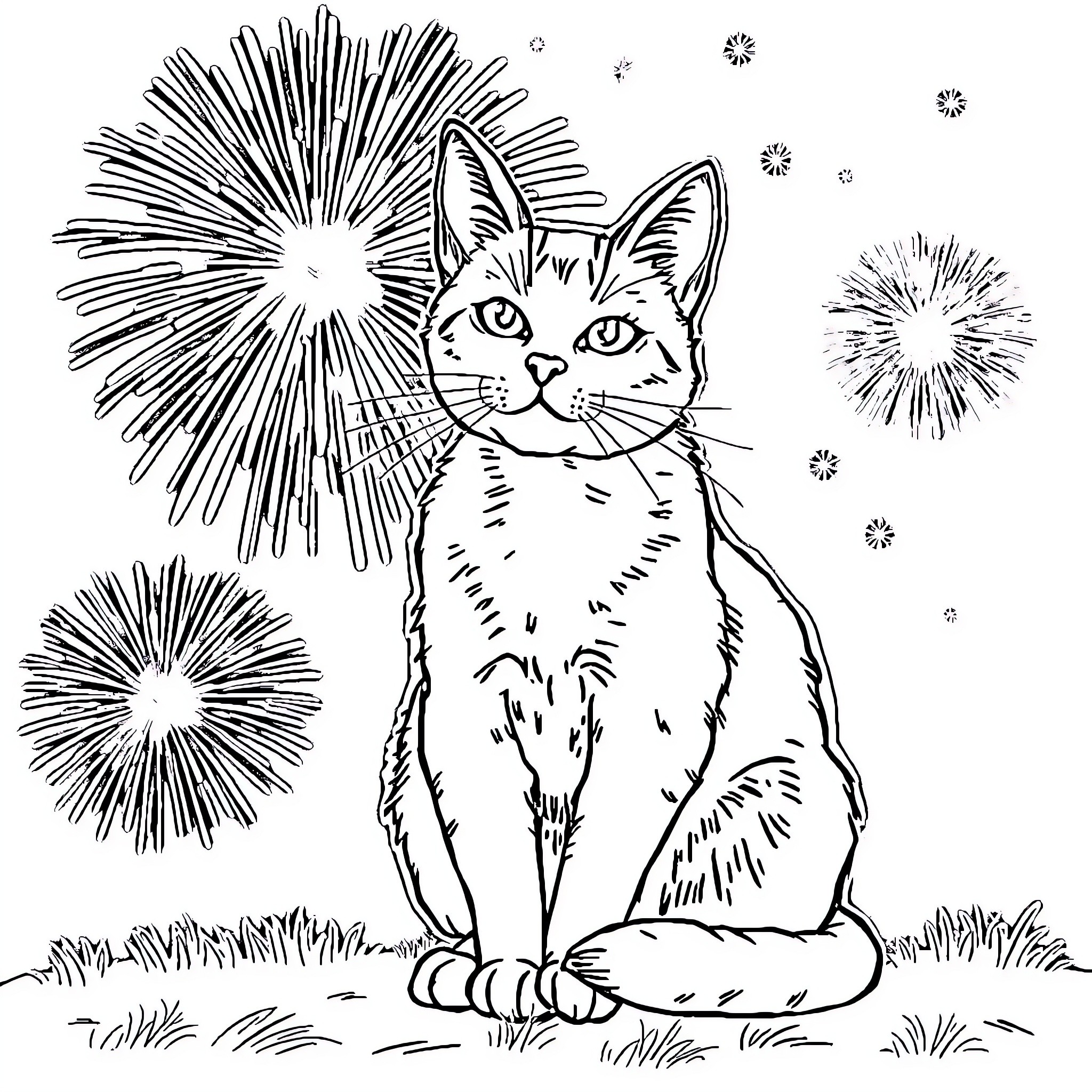 Cat amid bursting fireworks Coloring Page (free black-and-white line drawing printable PDF for all, from beginners to advanced learners, including children, teens, adults, and seniors)