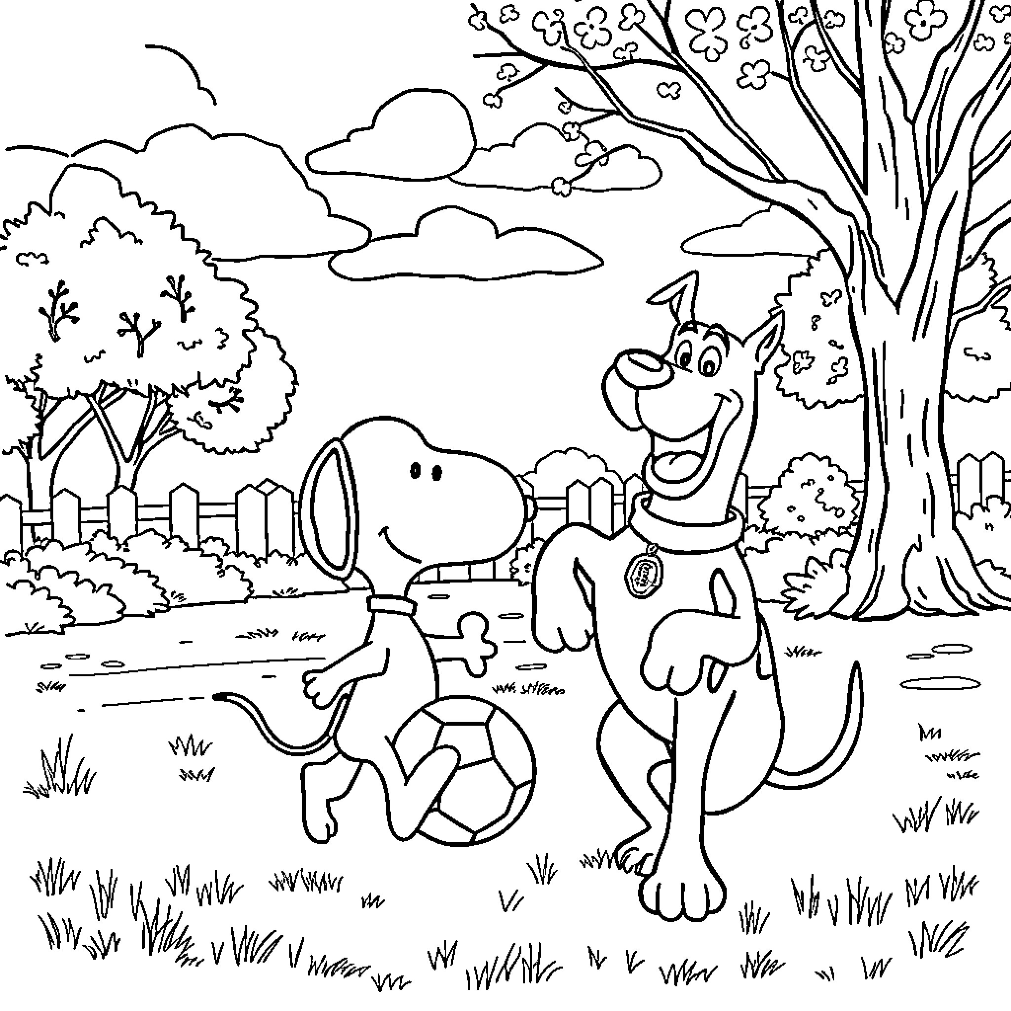 Scooby Doo and Shaggy in Outdoor Adventure Coloring Page (free black-and-white line drawing printable PDF for all, from beginners to advanced learners, including children, teens, adults, and seniors)