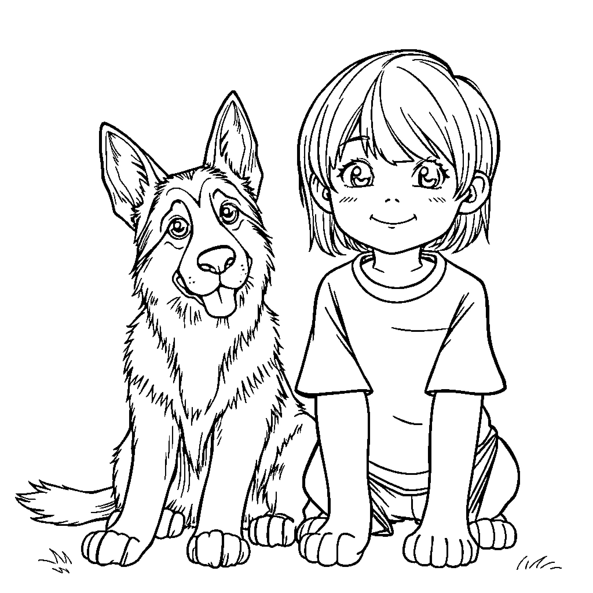 German Shepherd and Child Enjoying Outdoor Playful Moment Coloring Page (free black-and-white line drawing printable PDF for all, from beginners to advanced learners, including children, teens, adults, and seniors)