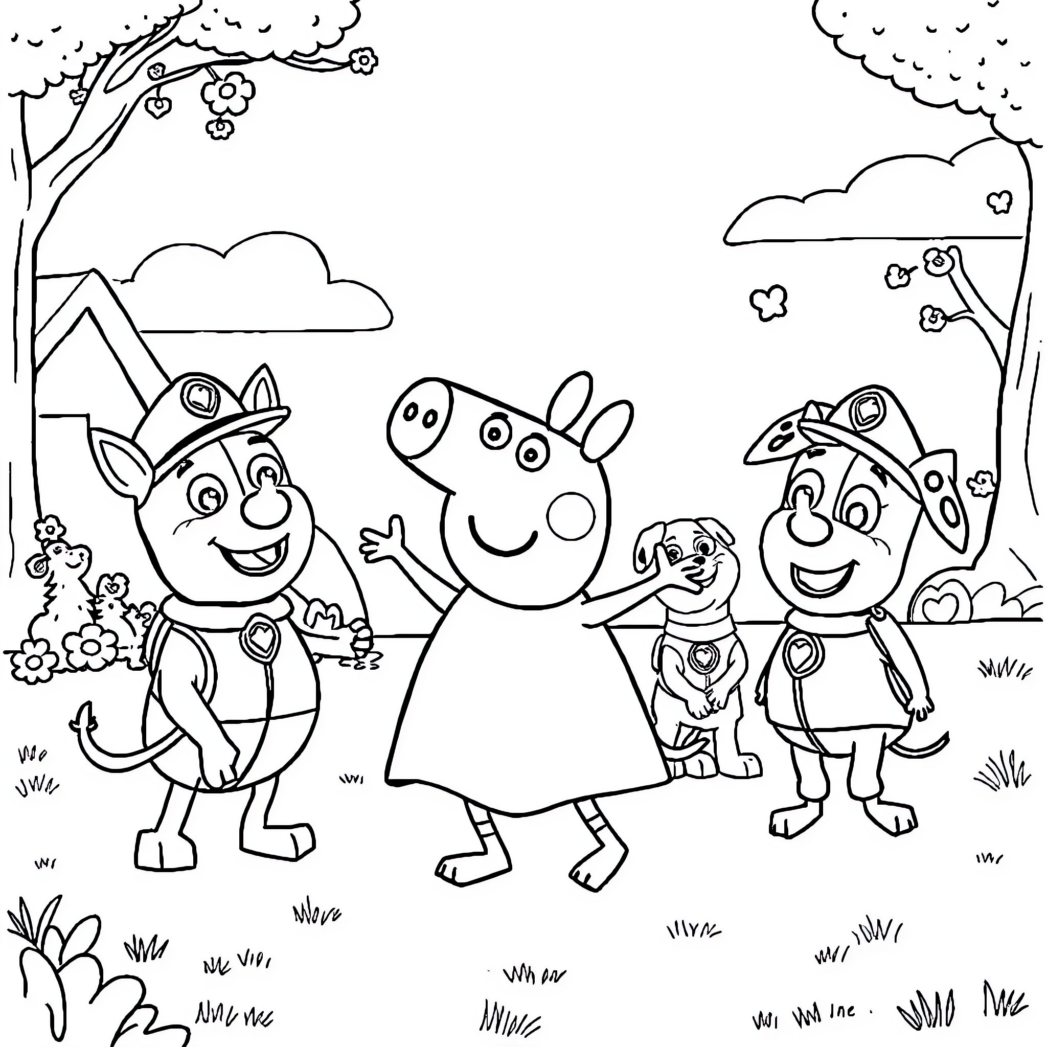 Peppa Pig characters playing outdoors in a nature scene Coloring Page (free black-and-white line drawing printable PDF for all, from beginners to advanced learners, including children, teens, adults, and seniors)