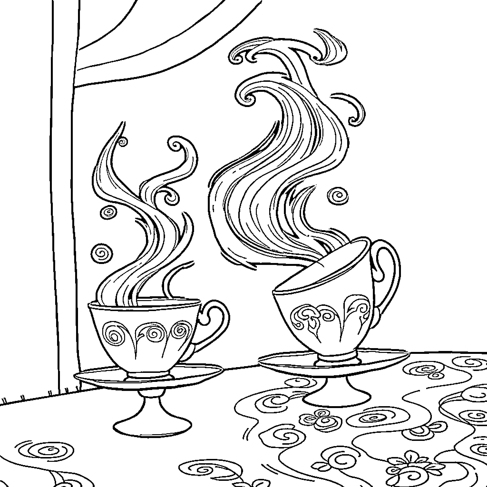 Tea Cup Warmth and Swirling Patterns Coloring Page (free black-and-white line drawing printable PDF for all, from beginners to advanced learners, including children, teens, adults, and seniors)