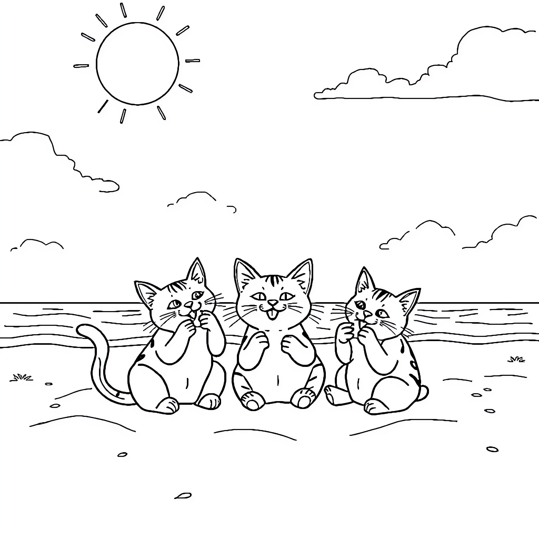 Cat friends enjoying a sunny day at the beach Coloring Page (free black-and-white line drawing printable PDF for all, from beginners to advanced learners, including children, teens, adults, and seniors)