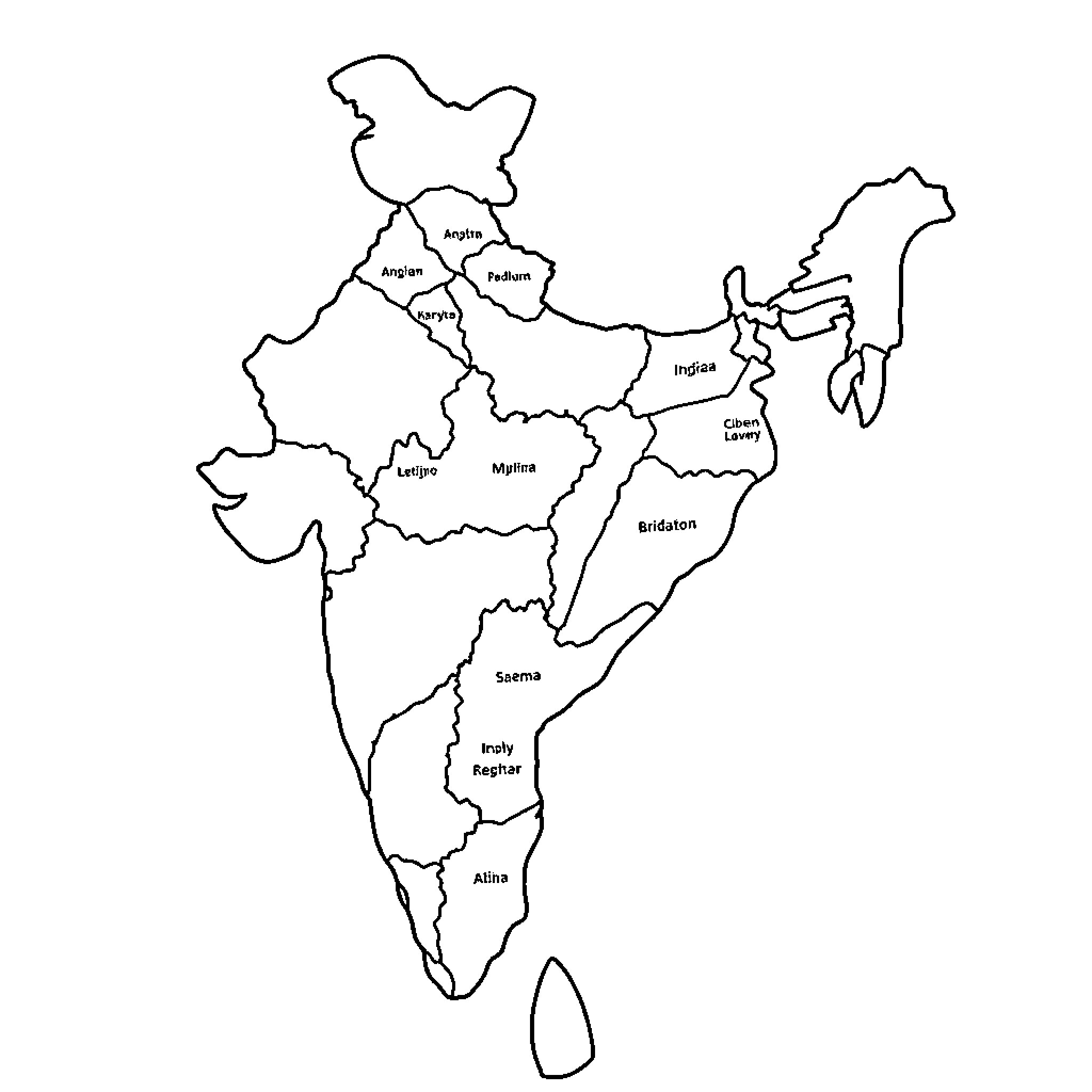 Map of regions and states in India Coloring Page (free black-and-white line drawing printable PDF for all, from beginners to advanced learners, including children, teens, adults, and seniors)