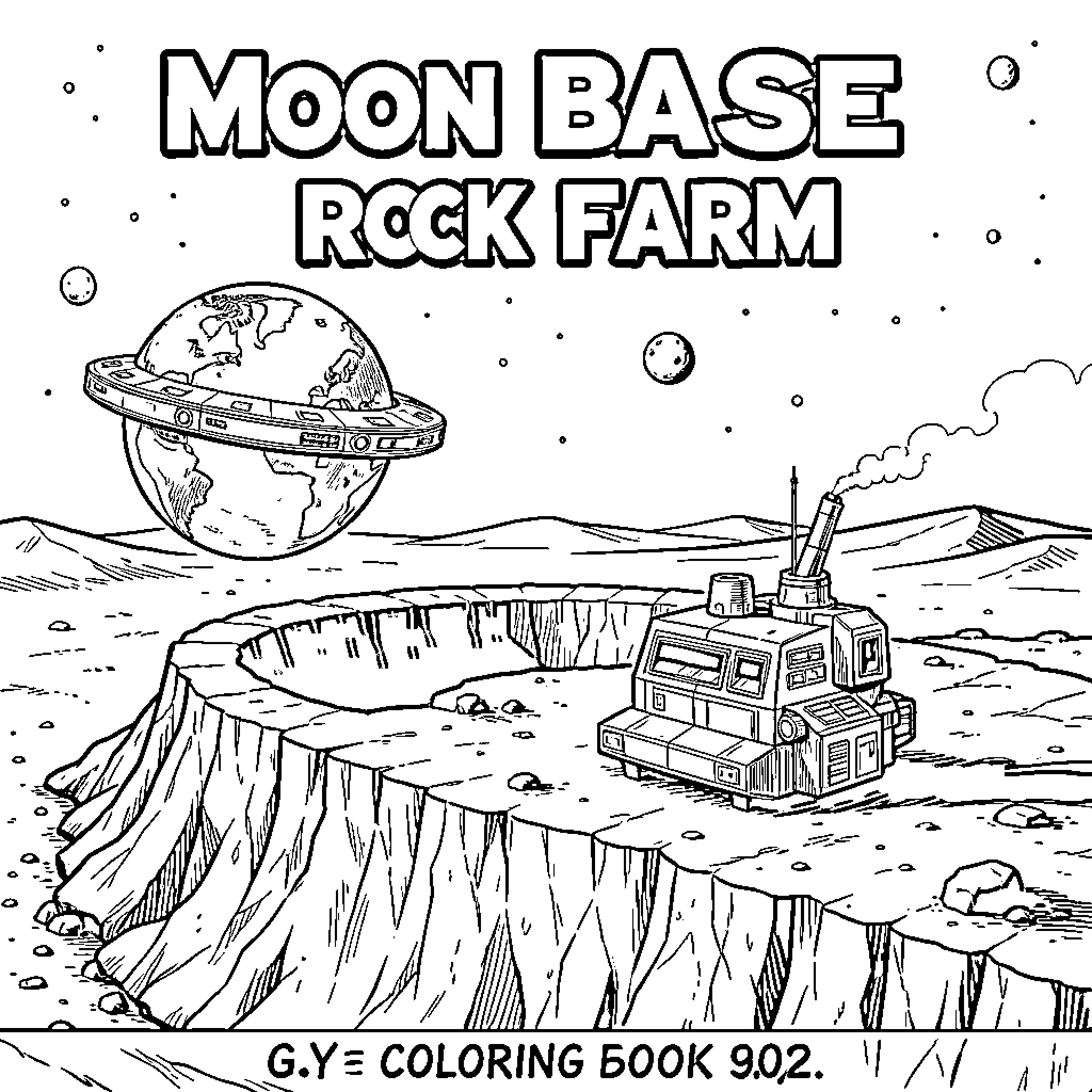 Moon Base operating machinery near a large crater Coloring Page (free black-and-white line drawing printable PDF for all, from beginners to advanced learners, including children, teens, adults, and seniors)