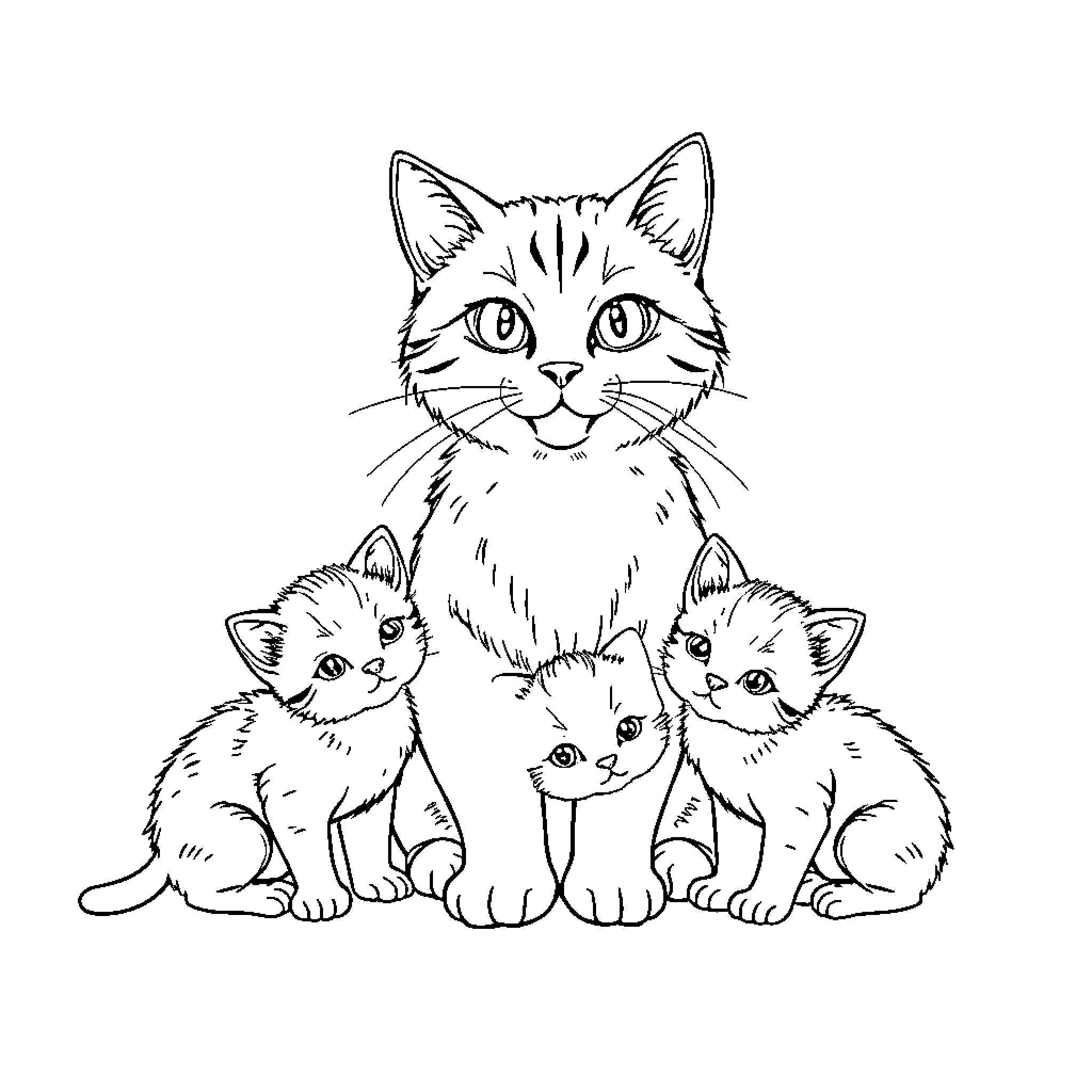 Mama Cat and Her Playful Kittens Coloring Page (free black-and-white line drawing printable PDF for all, from beginners to advanced learners, including children, teens, adults, and seniors)
