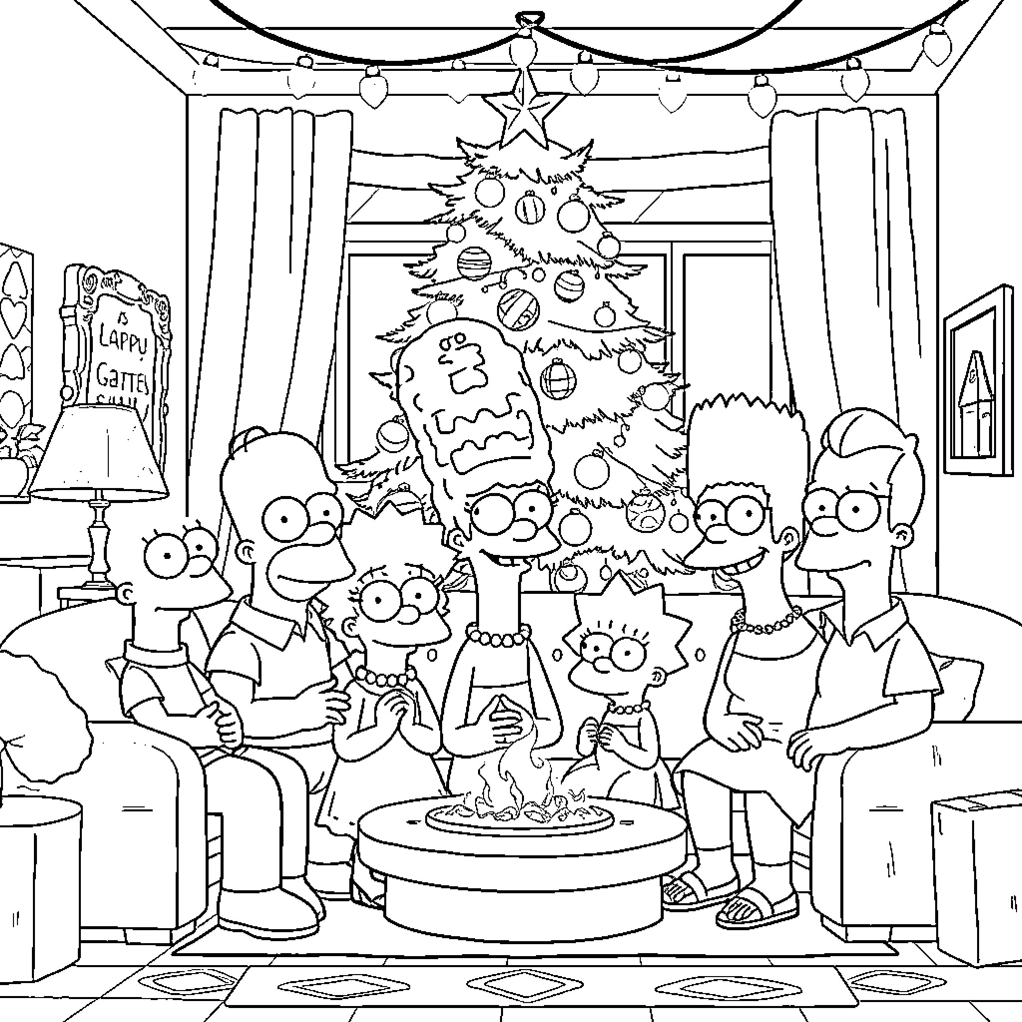 Family celebrating Christmas together around the tree Coloring Page (free black-and-white line drawing printable PDF for all, from beginners to advanced learners, including children, teens, adults, and seniors)