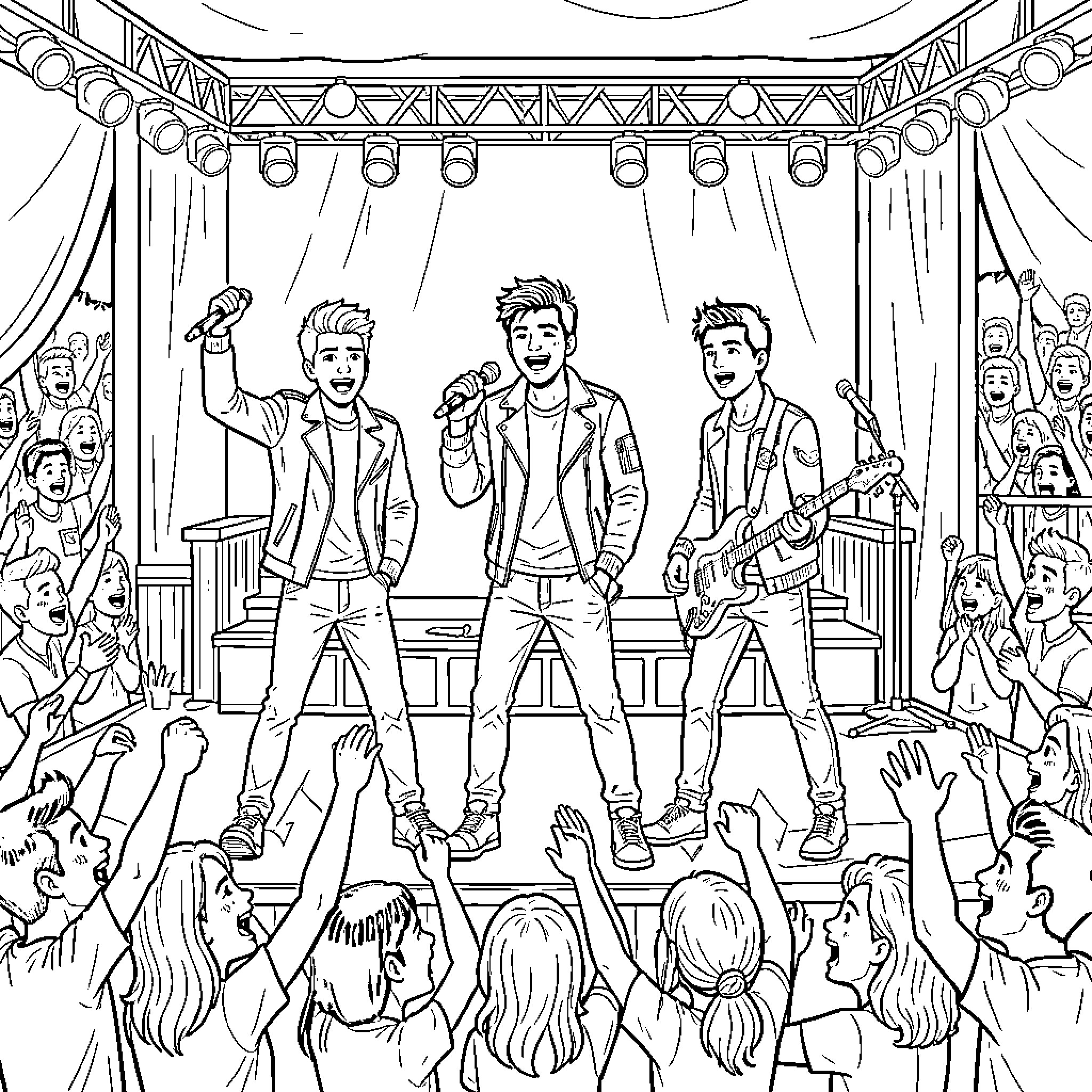 One Direction performing songs on stage for fans Coloring Page (free black-and-white line drawing printable PDF for all, from beginners to advanced learners, including children, teens, adults, and seniors)