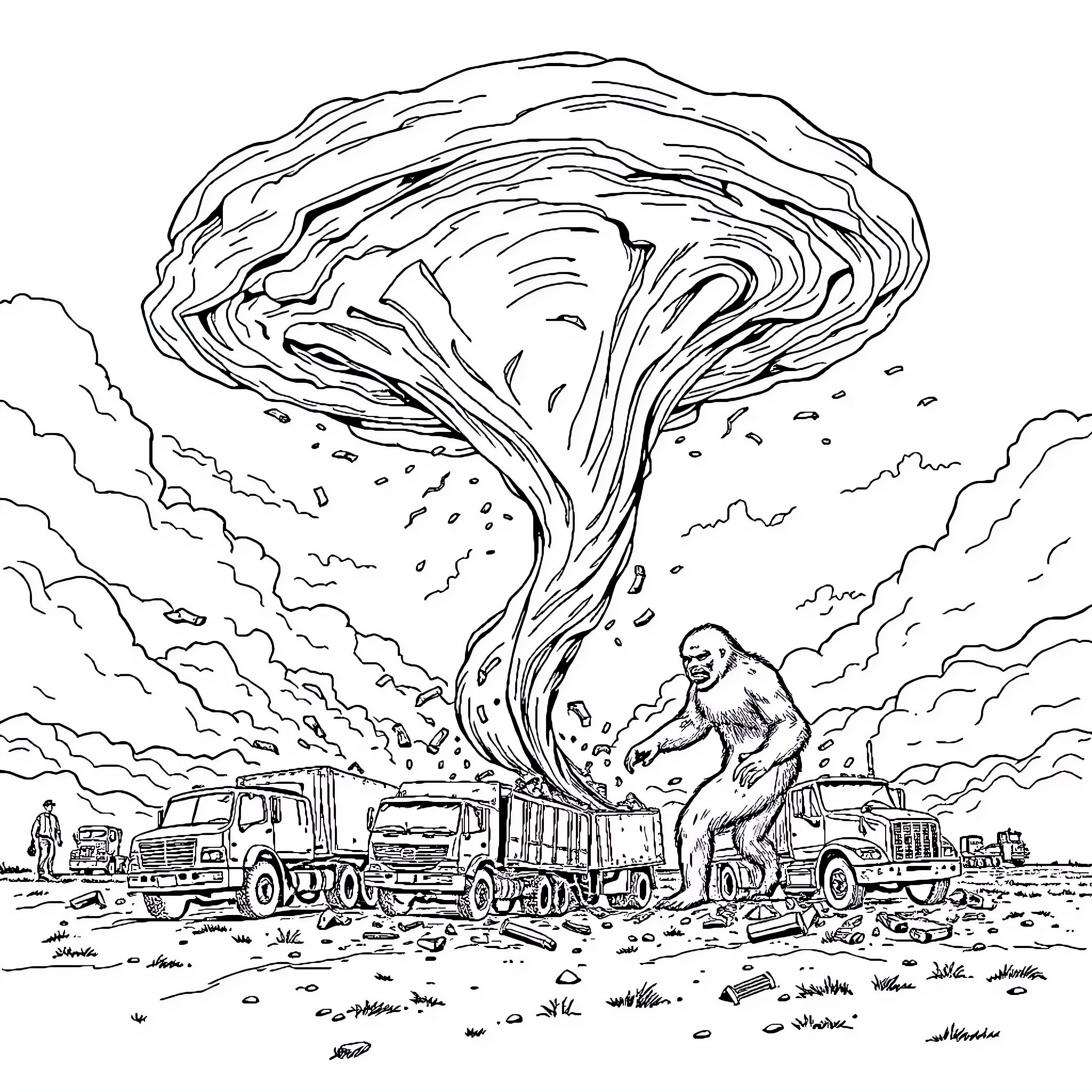 Tornado rips through city, causing chaos and destruction Coloring Page (free black-and-white line drawing printable PDF for all, from beginners to advanced learners, including children, teens, adults, and seniors)