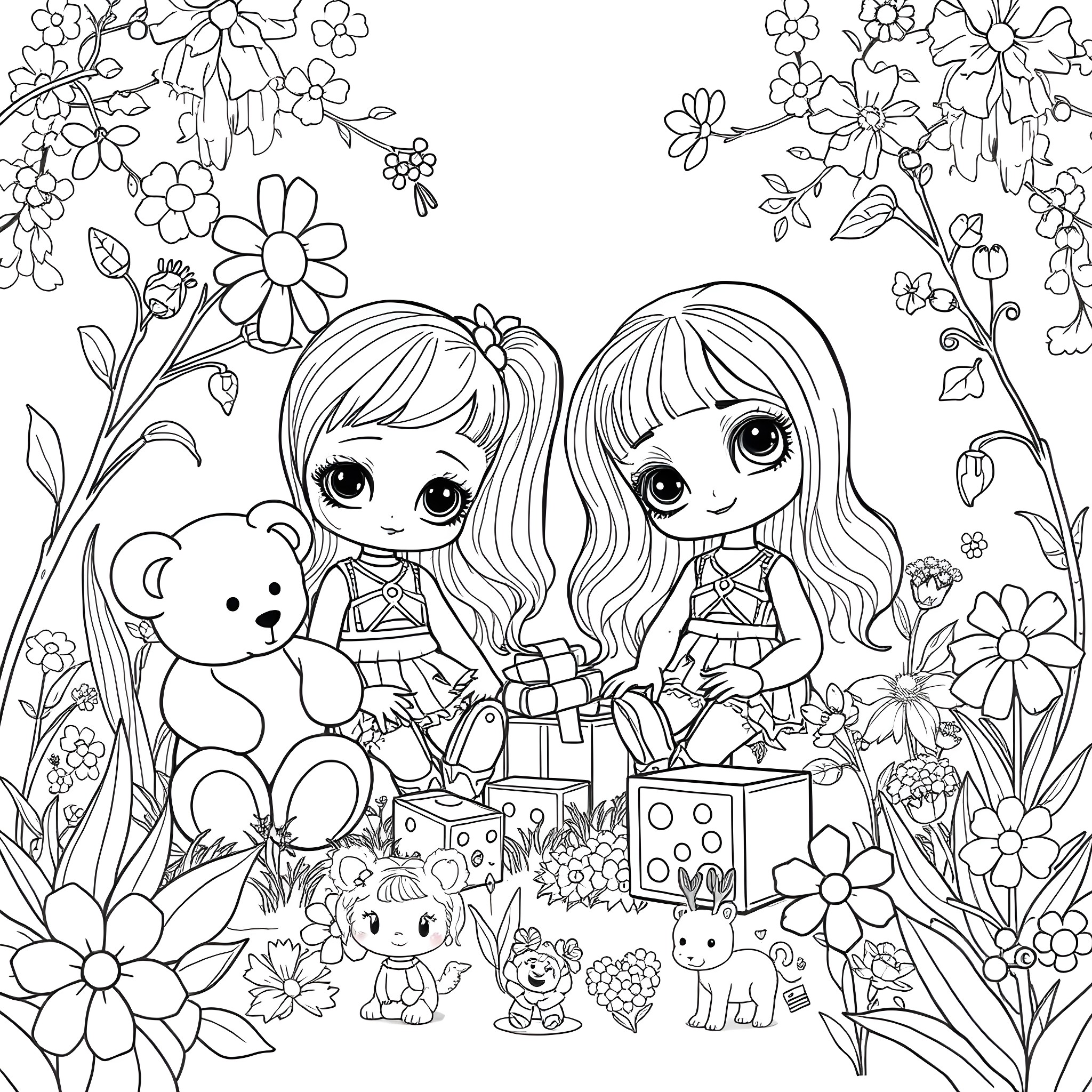 Doll friends playing together in a floral garden Coloring Page (free black-and-white line drawing printable PDF for all, from beginners to advanced learners, including children, teens, adults, and seniors)
