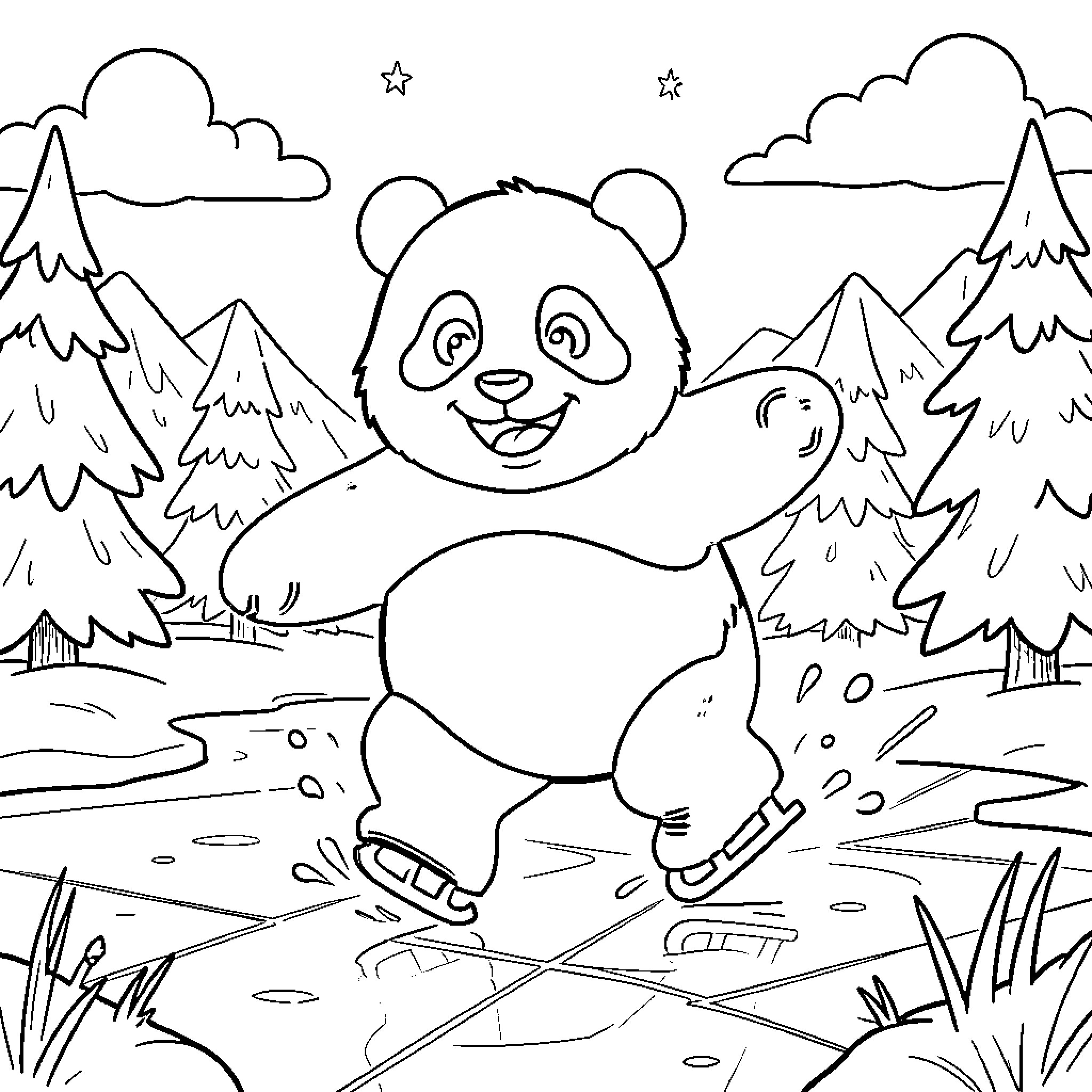 Panda ice skating joyfully in a snowy forest Coloring Page (free black-and-white line drawing printable PDF for all, from beginners to advanced learners, including children, teens, adults, and seniors)