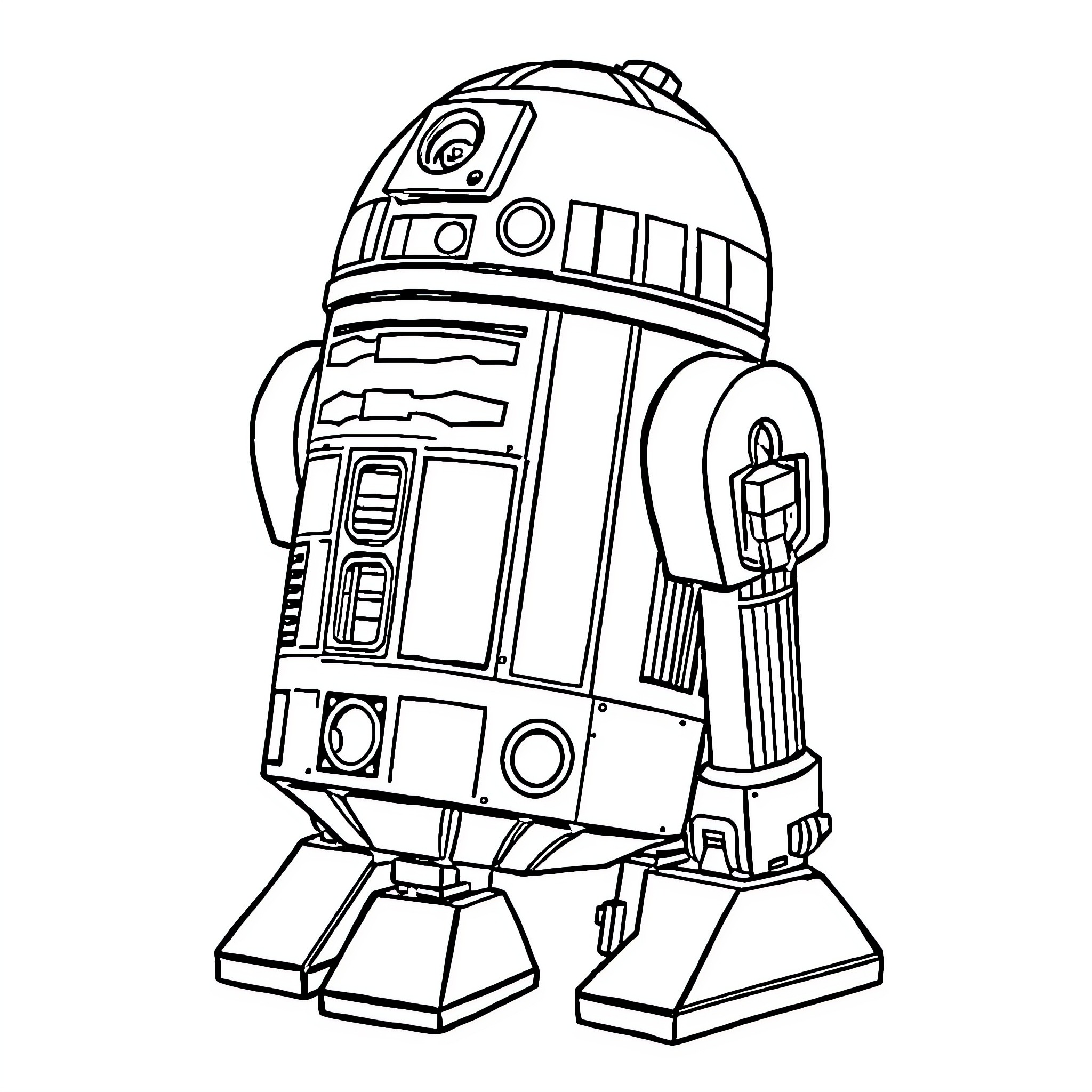 R2D2 robot from Star Wars universe Coloring Page (free black-and-white line drawing printable PDF for all, from beginners to advanced learners, including children, teens, adults, and seniors)
