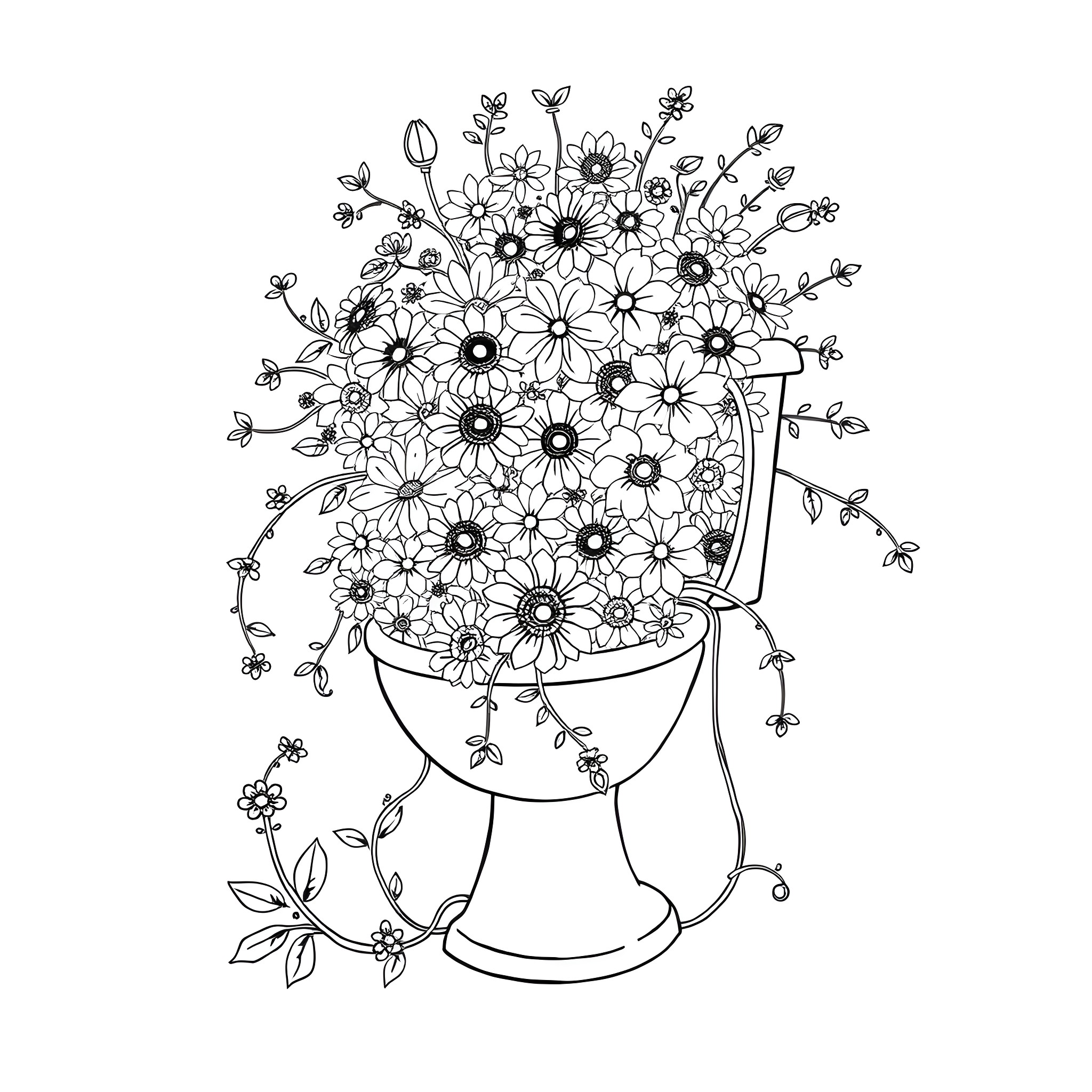 Toilet filled with blooming flowers Coloring Page (free black-and-white line drawing printable PDF for all, from beginners to advanced learners, including children, teens, adults, and seniors)