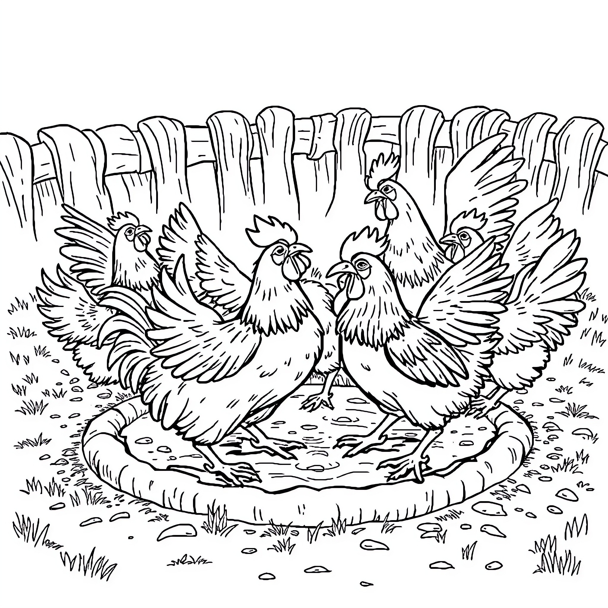 Chickens enjoying a bath in the water Coloring Page (free black-and-white line drawing printable PDF for all, from beginners to advanced learners, including children, teens, adults, and seniors)
