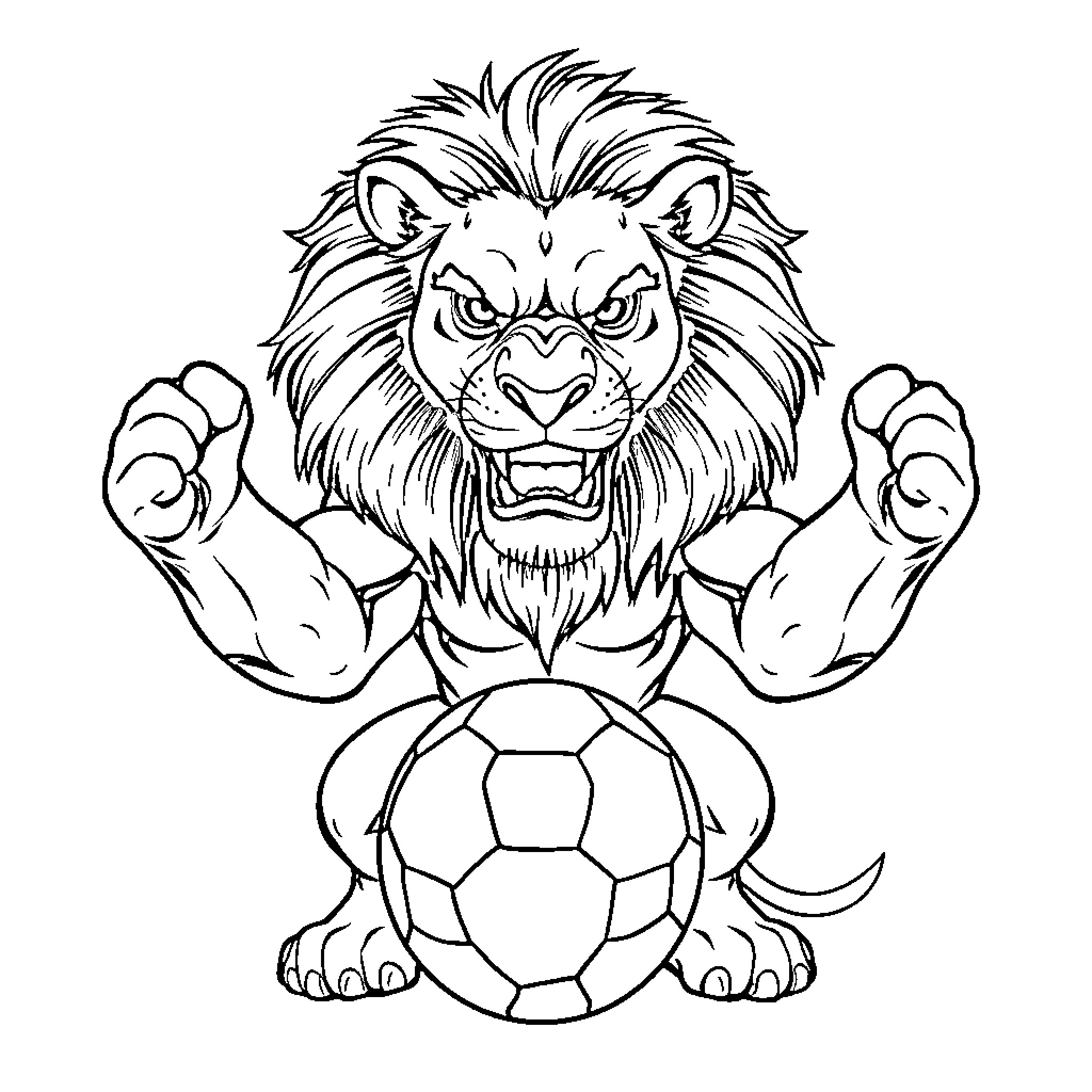 Lion roaring aggressively with soccer ball Coloring Page (free black-and-white line drawing printable PDF for all, from beginners to advanced learners, including children, teens, adults, and seniors)
