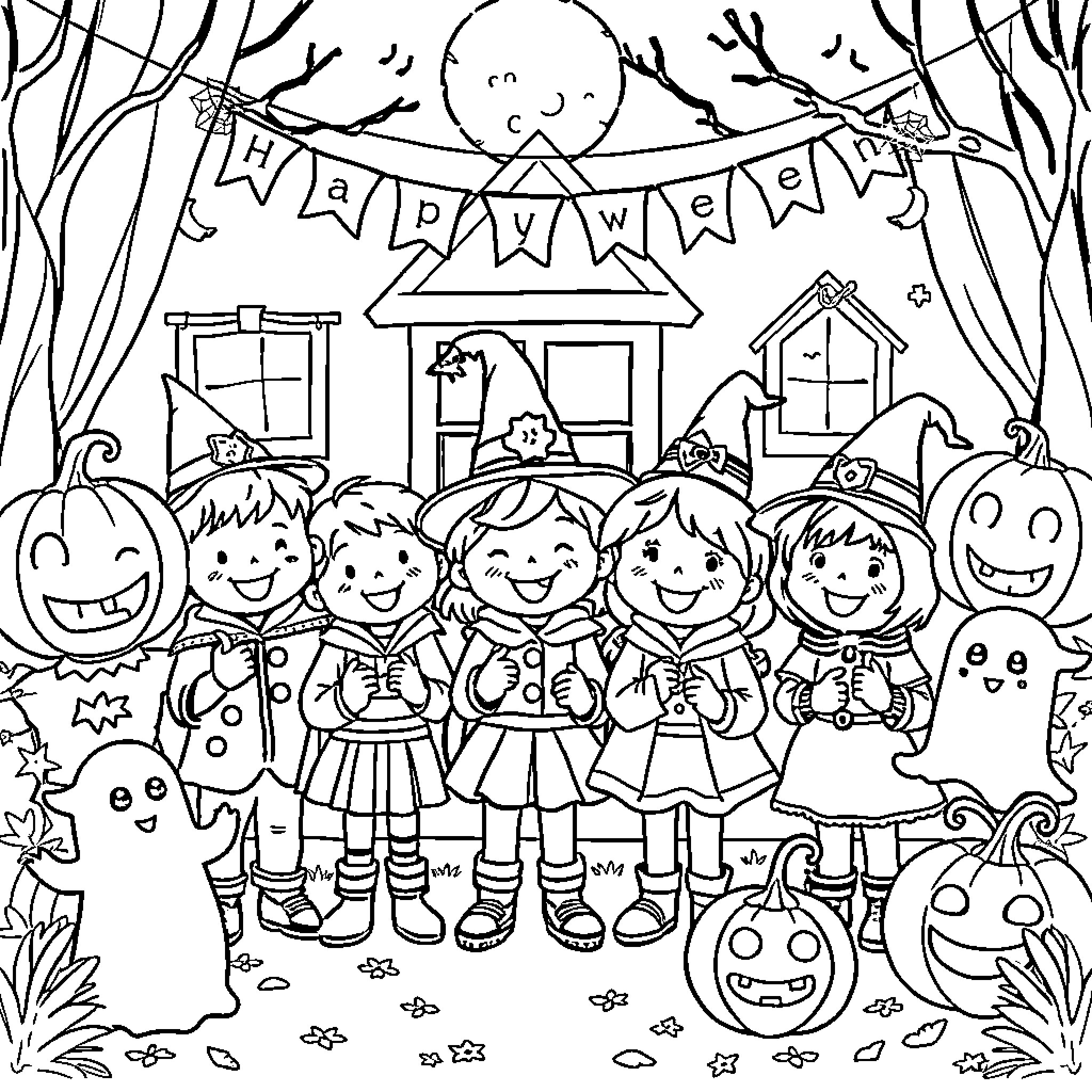 Halloween Trick-or-Treating with Festive Costumes and Decorations Coloring Page (free black-and-white line drawing printable PDF for all, from beginners to advanced learners, including children, teens, adults, and seniors)