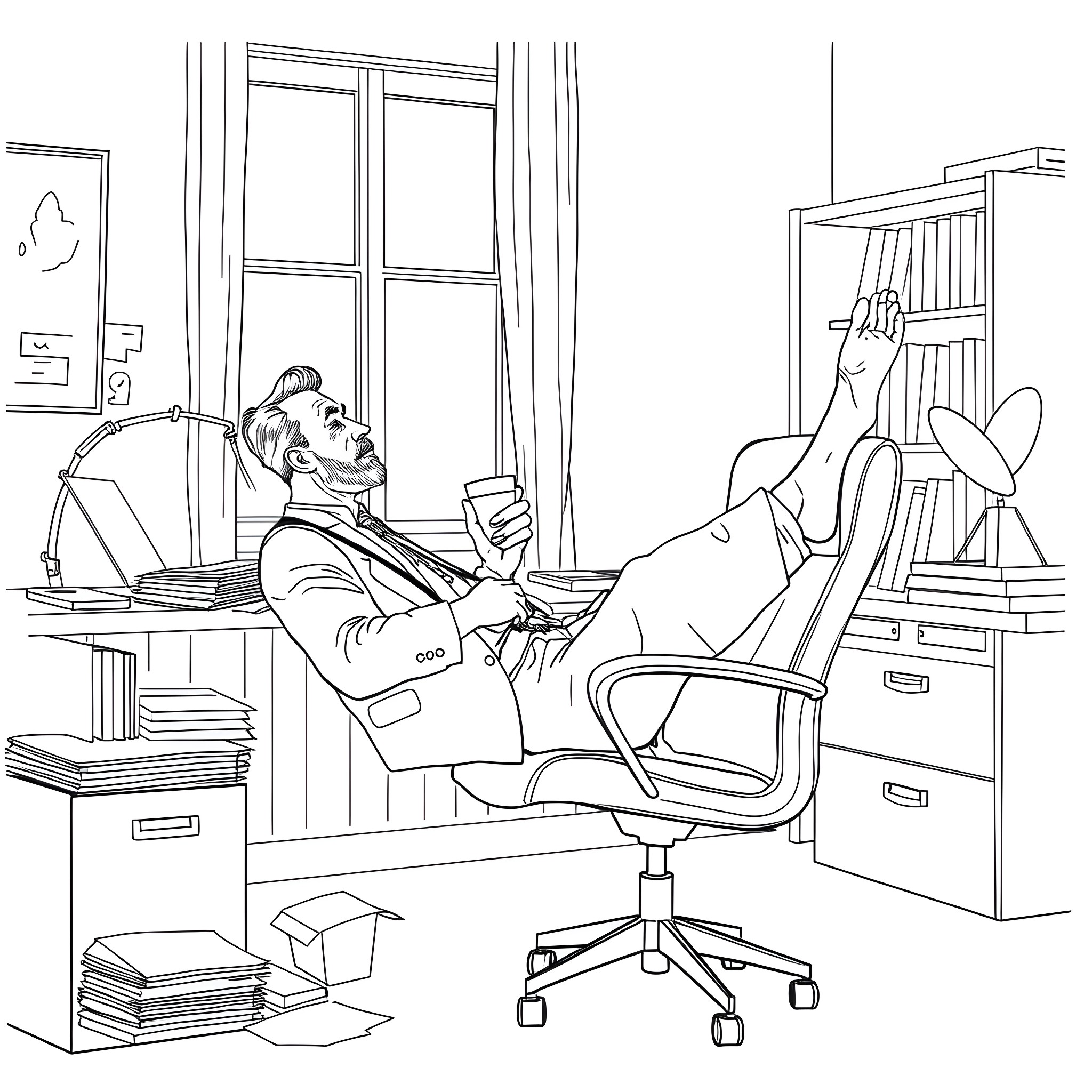Man relaxing in his office chair with coffee Coloring Page (free black-and-white line drawing printable PDF for all, from beginners to advanced learners, including children, teens, adults, and seniors)