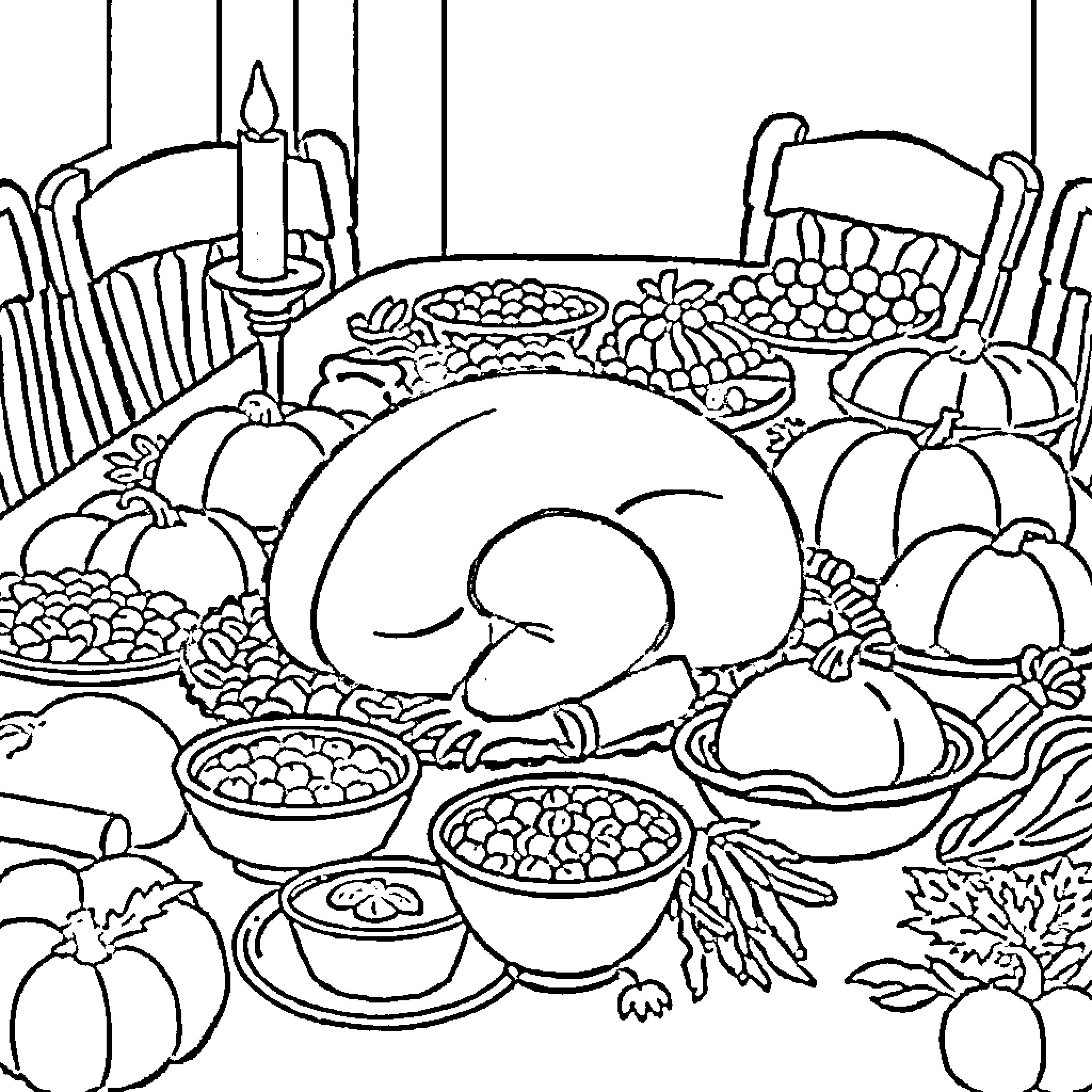 Turkey Thanksgiving Feast with Delectable Dishes Coloring Page (free black-and-white line drawing printable PDF for all, from beginners to advanced learners, including children, teens, adults, and seniors)
