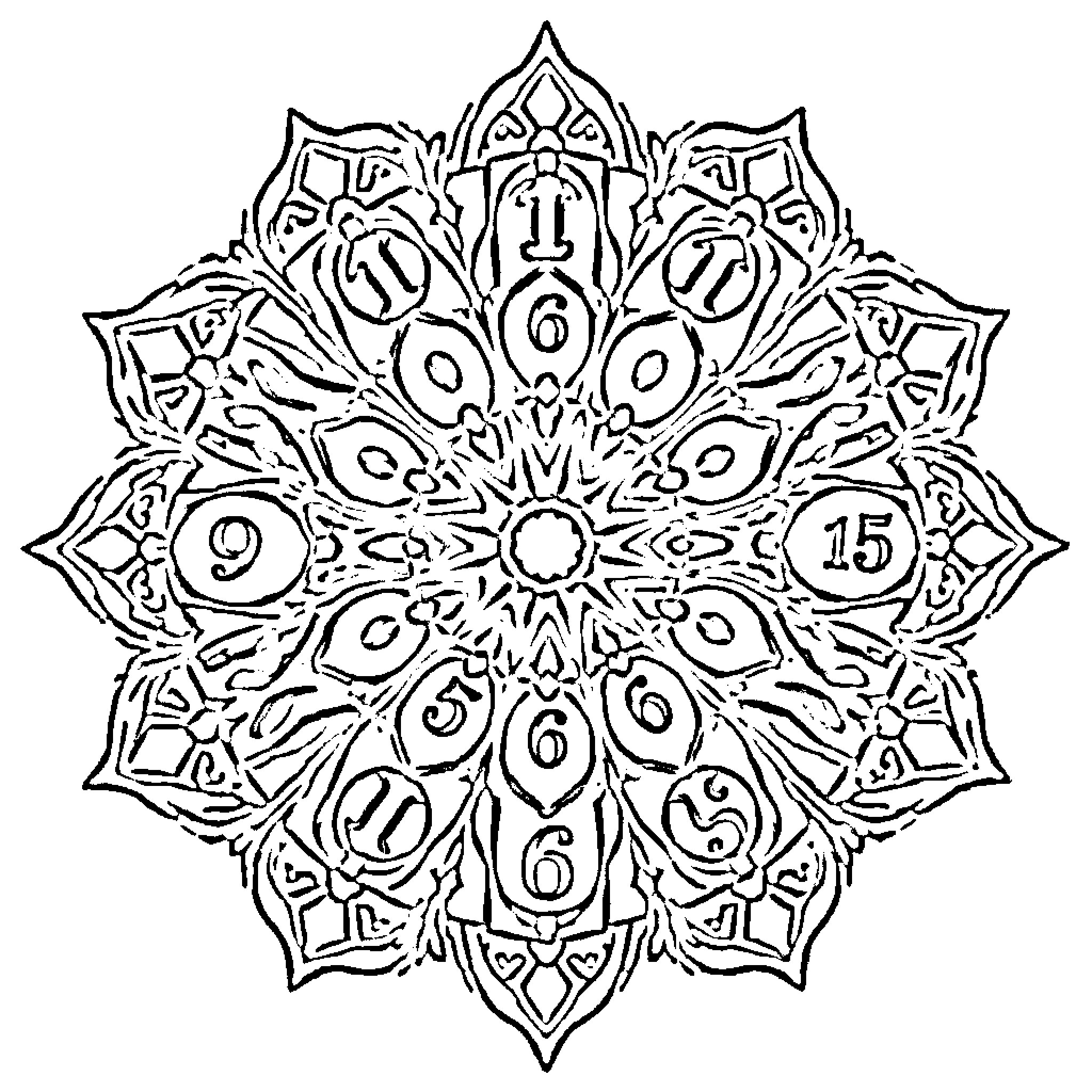 Mandala with intricate geometric patterns Coloring Page (free black-and-white line drawing printable PDF for all, from beginners to advanced learners, including children, teens, adults, and seniors)