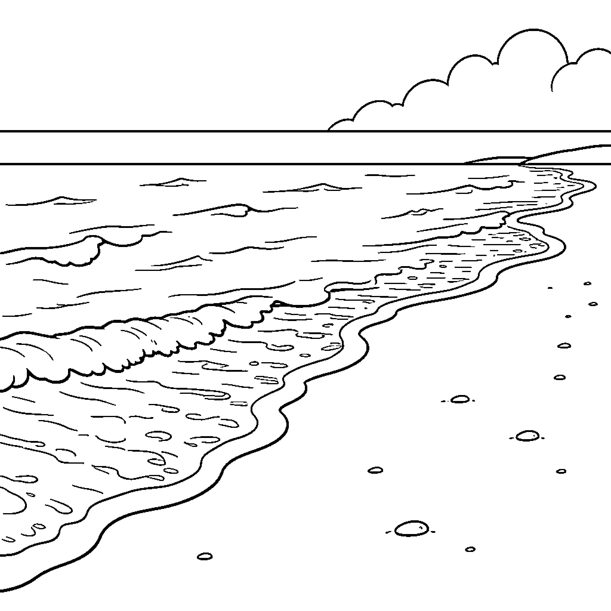 Beach waves washing onto the sandy shore Coloring Page (free black-and-white line drawing printable PDF for all, from beginners to advanced learners, including children, teens, adults, and seniors)