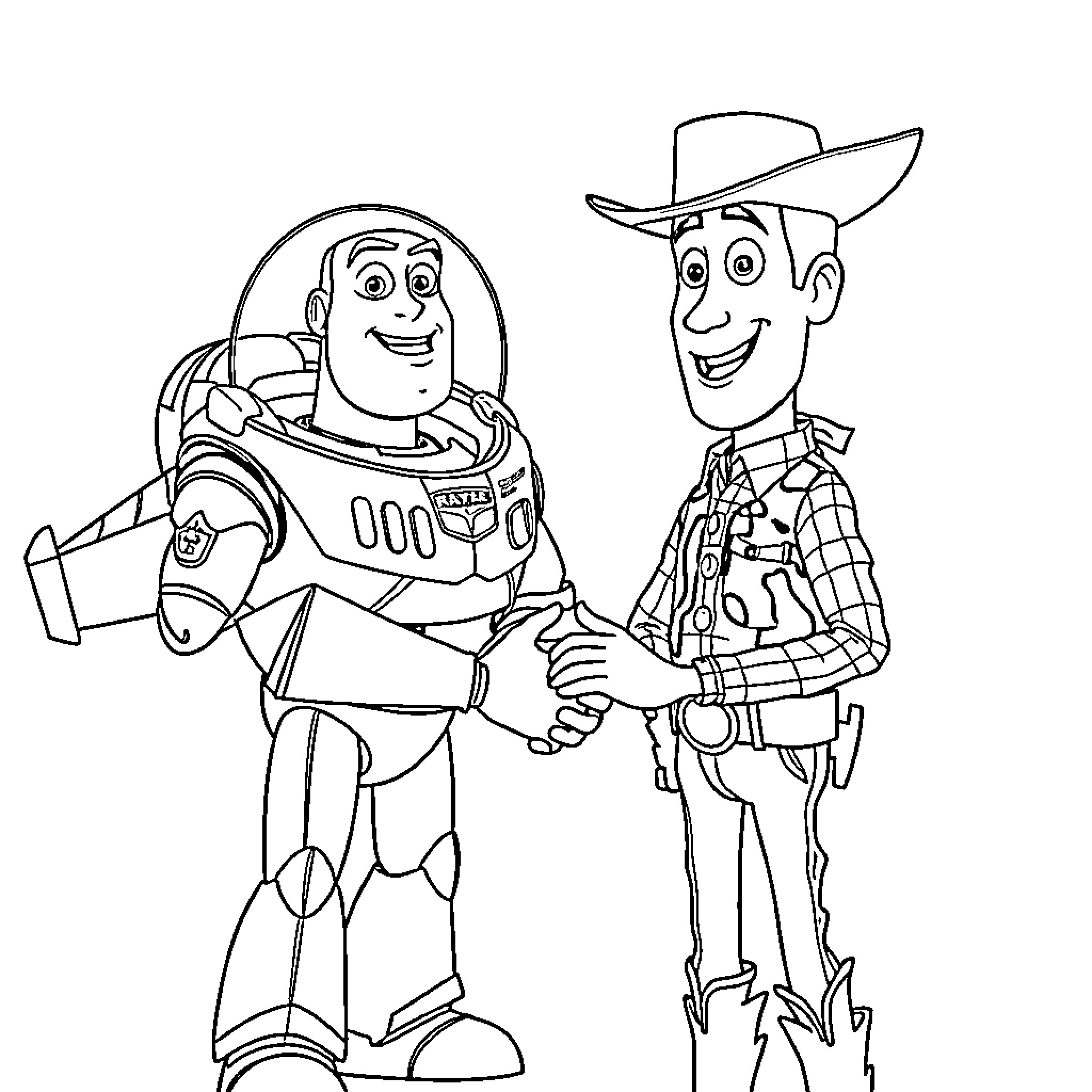Buzz and Woody in an Iconic Encounter Coloring Page (free black-and-white line drawing printable PDF for all, from beginners to advanced learners, including children, teens, adults, and seniors)