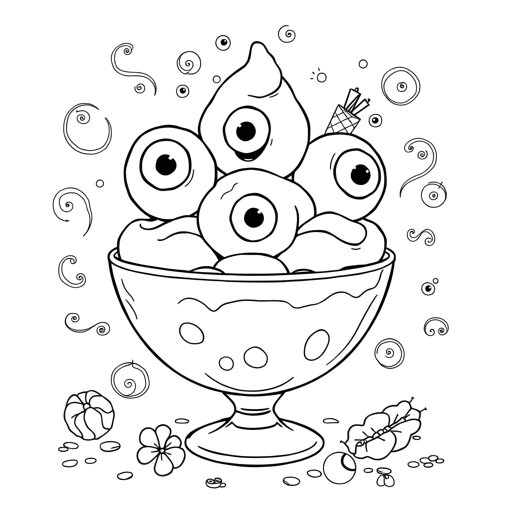 Sherbert Sundae with Whimsical Decor Coloring Page (free black-and-white line drawing printable PDF for all, from beginners to advanced learners, including children, teens, adults, and seniors)