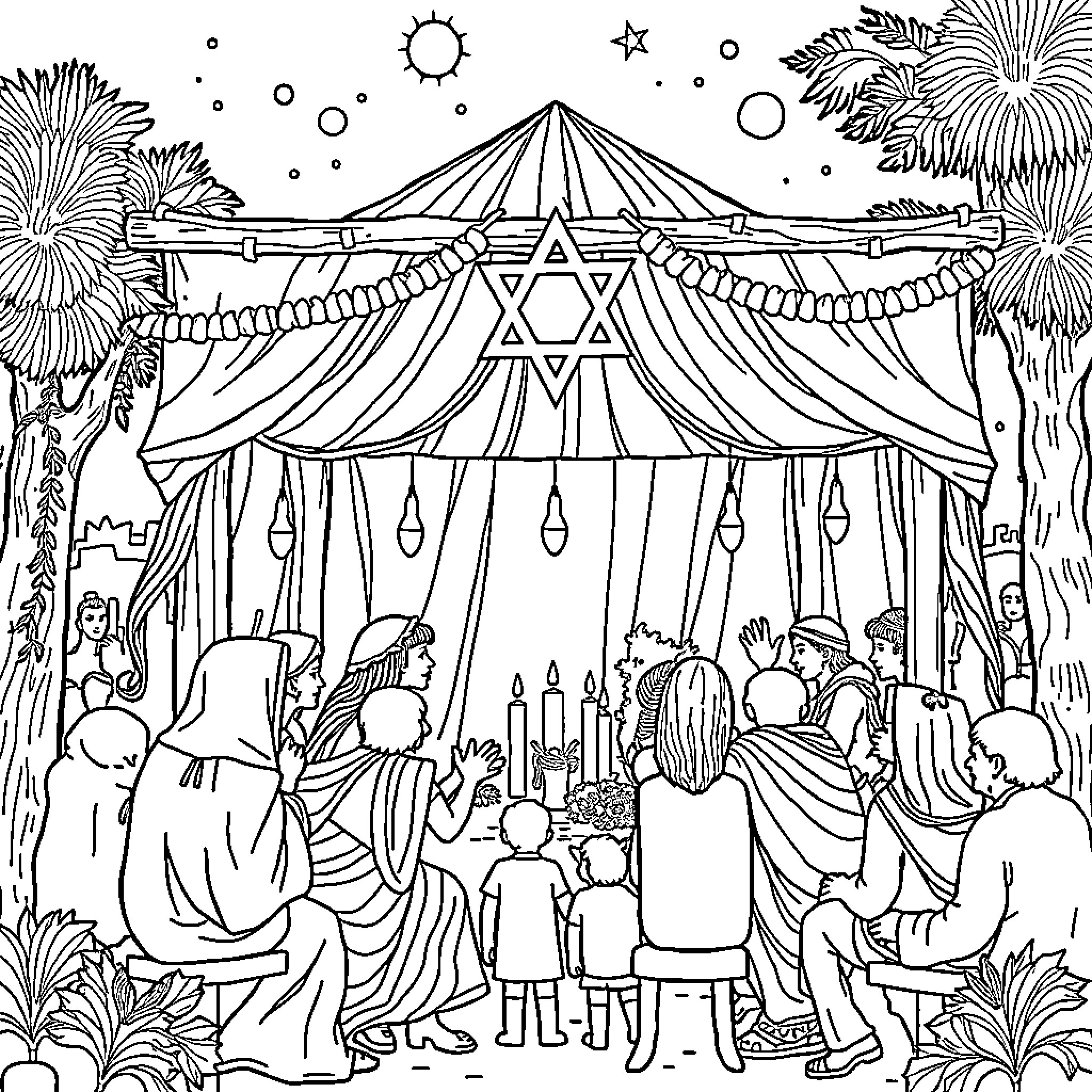 Sucot celebration under the pavilion Coloring Page (free black-and-white line drawing printable PDF for all, from beginners to advanced learners, including children, teens, adults, and seniors)