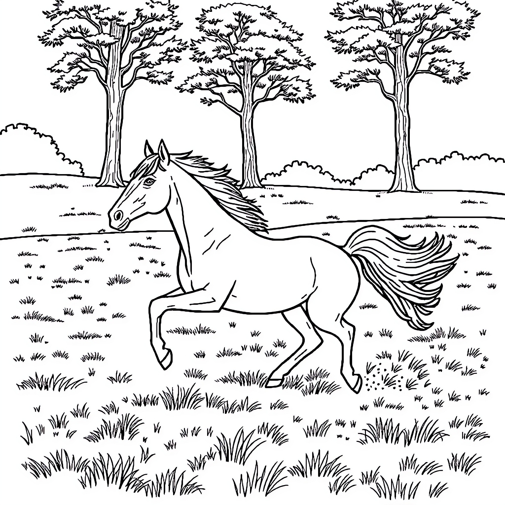 Horse galloping through a forested landscape Coloring Page (free black-and-white line drawing printable PDF for all, from beginners to advanced learners, including children, teens, adults, and seniors)