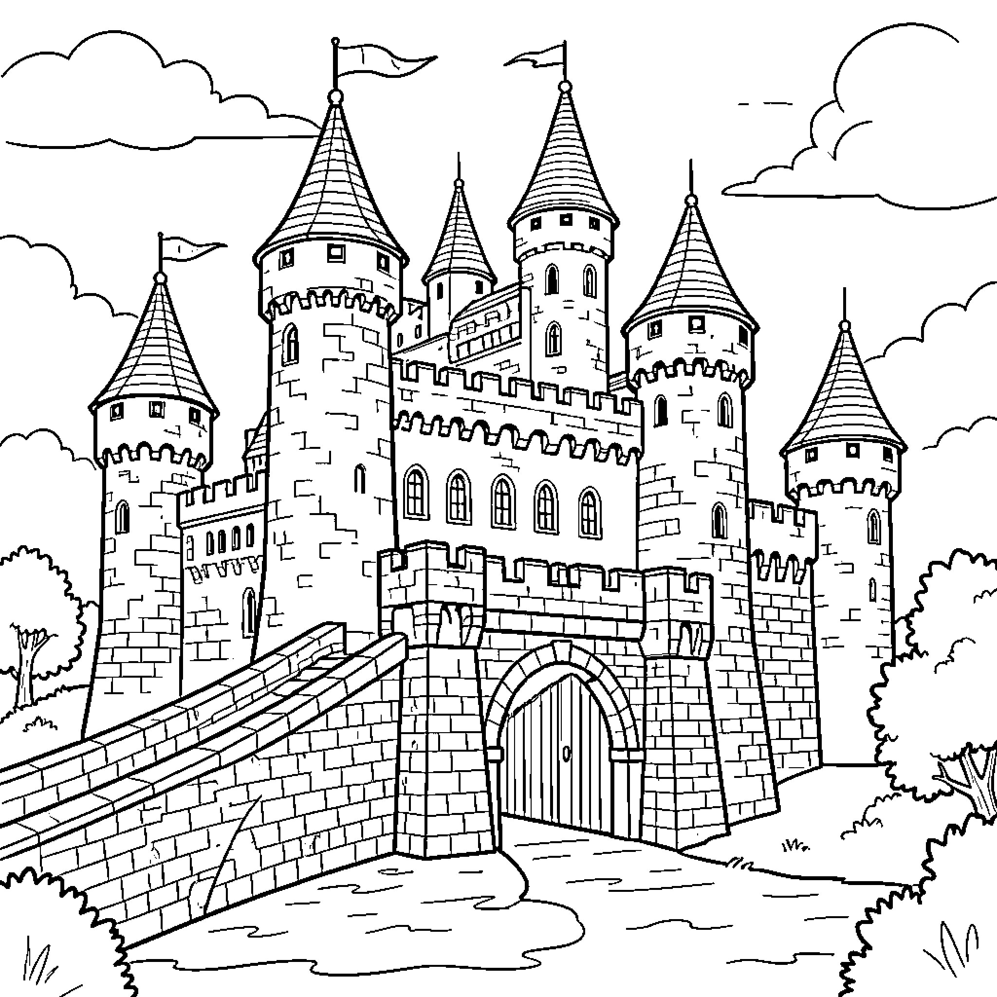 Castle with Elaborate Towers and Flags Coloring Page (free black-and-white line drawing printable PDF for all, from beginners to advanced learners, including children, teens, adults, and seniors)