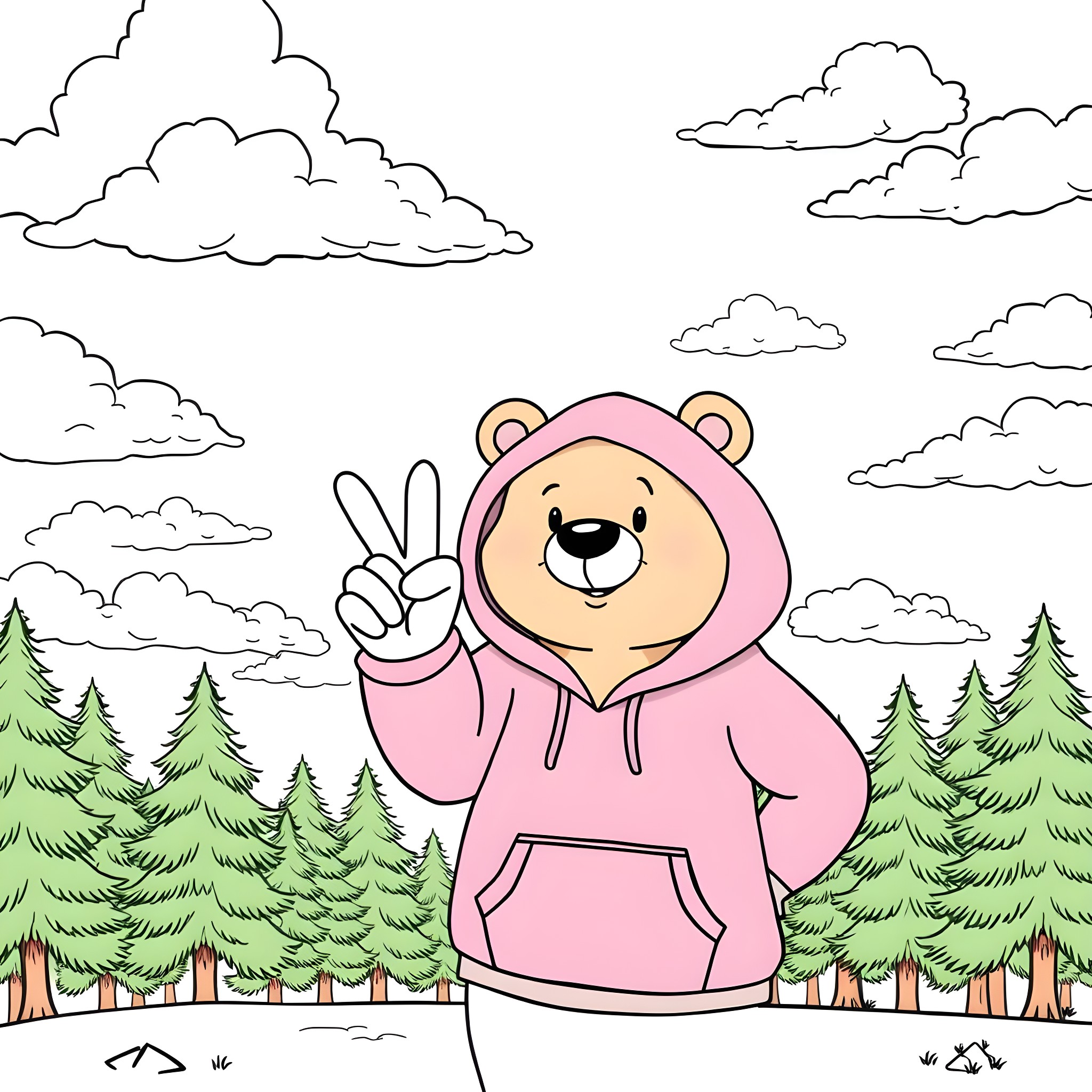 Bear making a peace sign in a winter wonderland Coloring Page (free black-and-white line drawing printable PDF for all, from beginners to advanced learners, including children, teens, adults, and seniors)