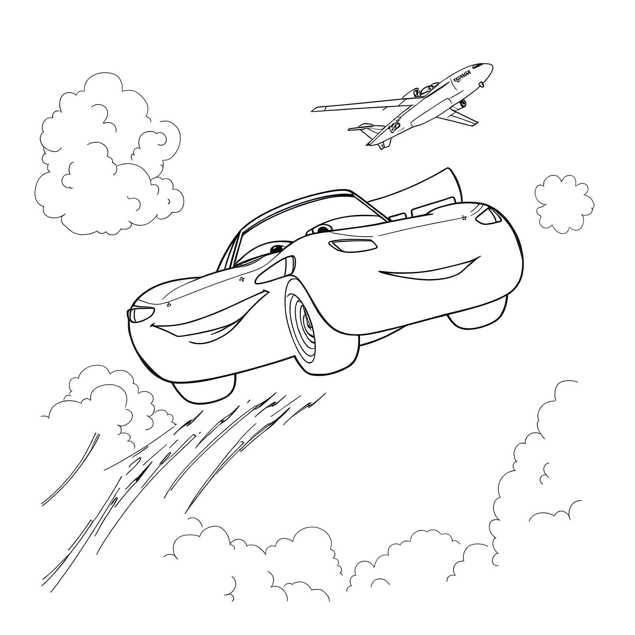 Lightning McQueen races through the sky with plane Coloring Page (free black-and-white line drawing printable PDF for all, from beginners to advanced learners, including children, teens, adults, and seniors)