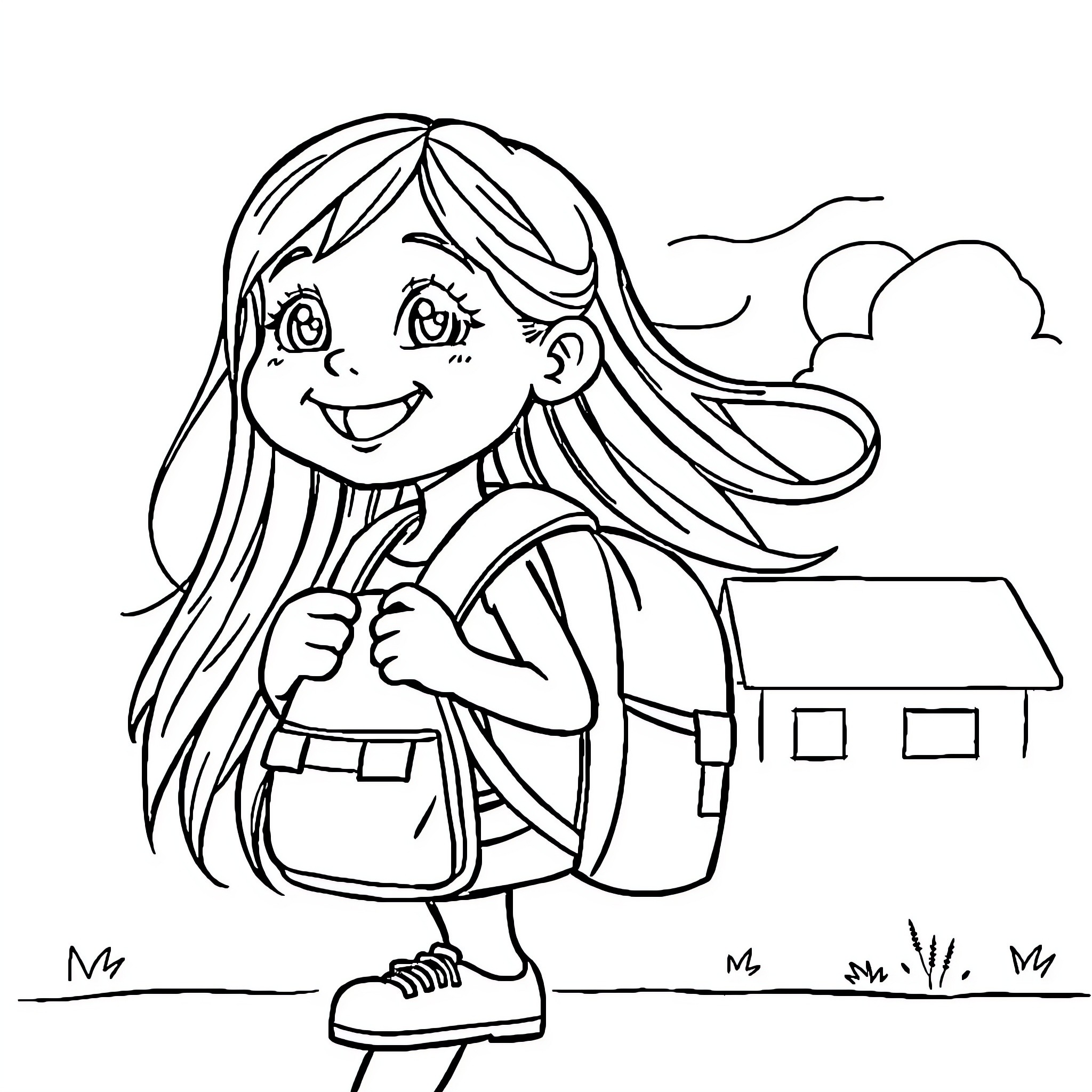 Girl happily walking to school with backpack Coloring Page (free black-and-white line drawing printable PDF for all, from beginners to advanced learners, including children, teens, adults, and seniors)