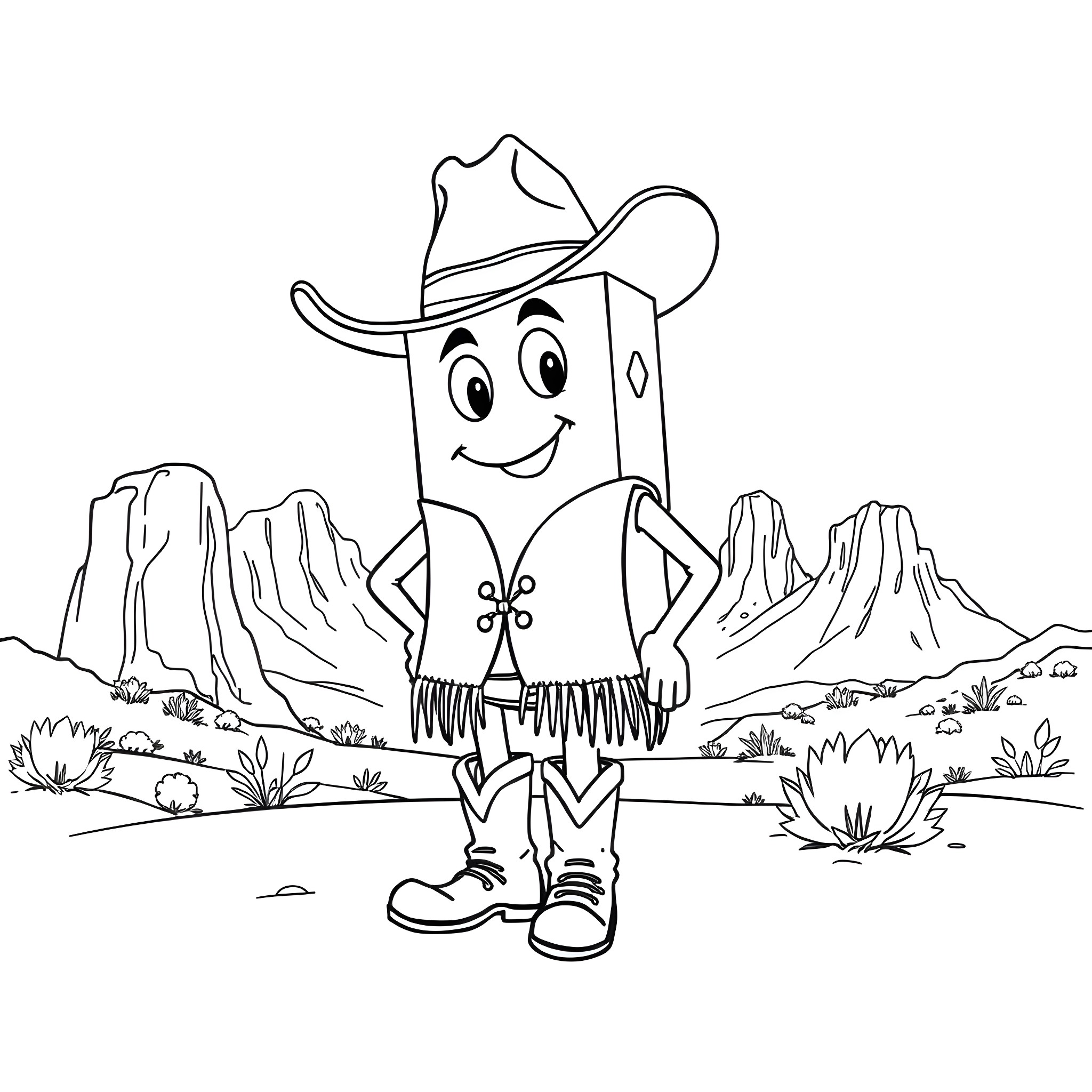 Cheese cartoon character exploring desert landscape Coloring Page (free black-and-white line drawing printable PDF for all, from beginners to advanced learners, including children, teens, adults, and seniors)