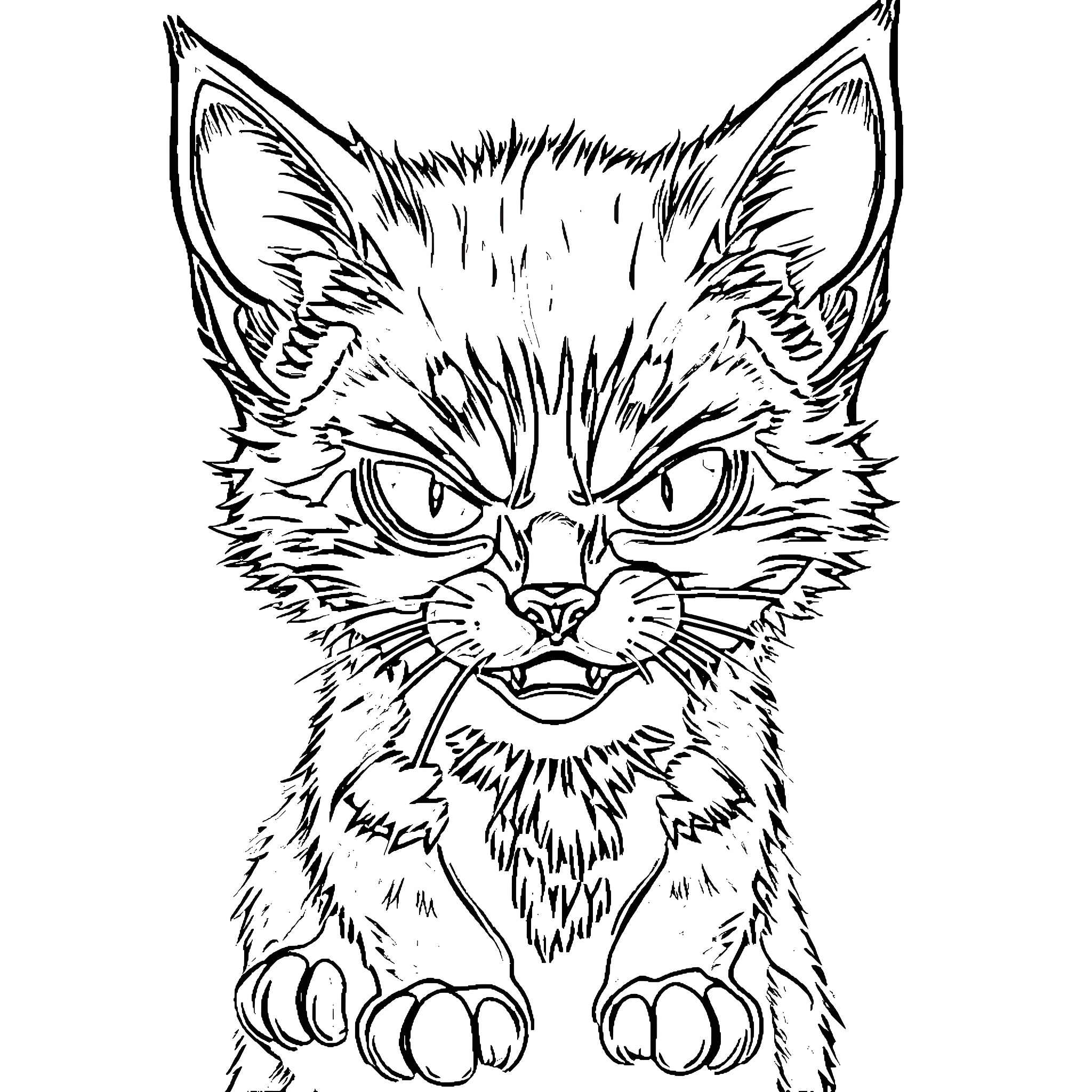 Kitten Staring Intently with Fierce Expression Coloring Page (free black-and-white line drawing printable PDF for all, from beginners to advanced learners, including children, teens, adults, and seniors)