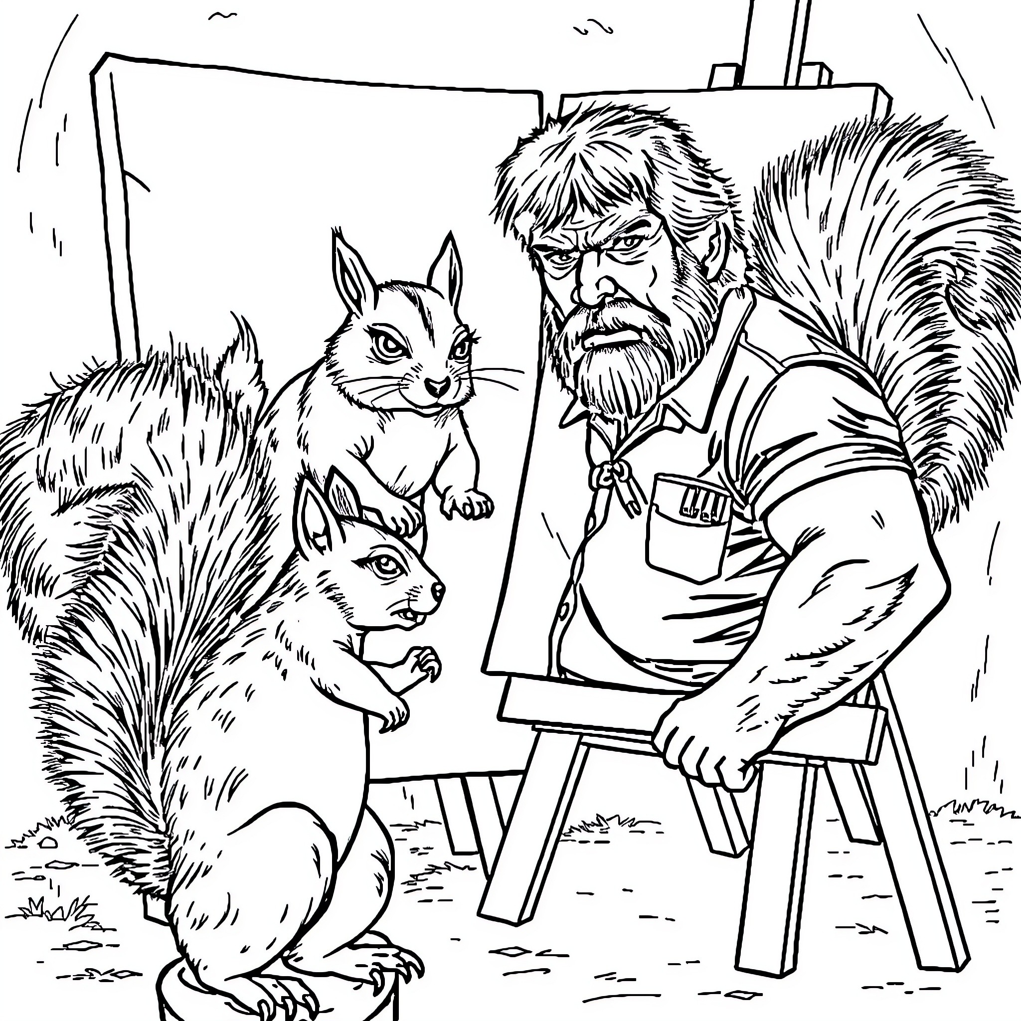 Chuck Norris paints a portrait of furry squirrels Coloring Page (free black-and-white line drawing printable PDF for all, from beginners to advanced learners, including children, teens, adults, and seniors)