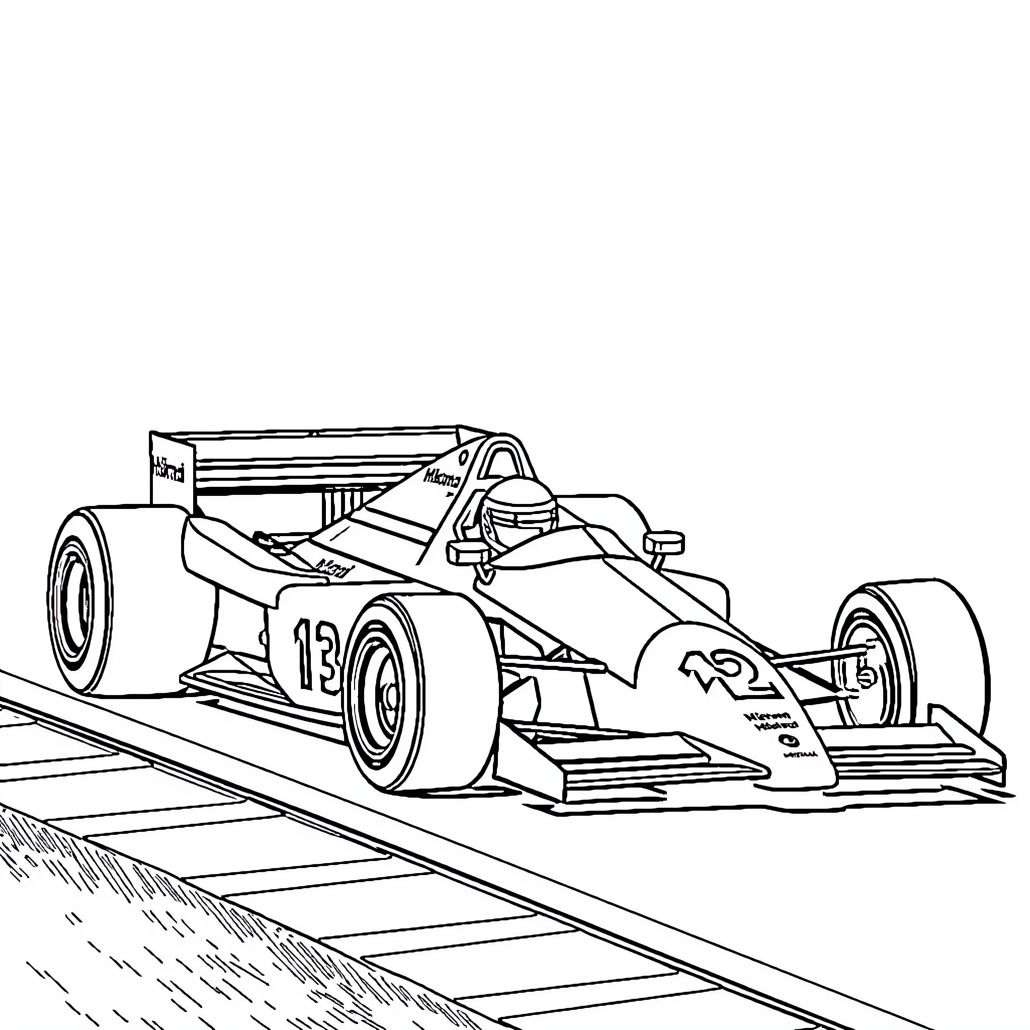 Formula 1 Race Car in Action on Track Coloring Page (free black-and-white line drawing printable PDF for all, from beginners to advanced learners, including children, teens, adults, and seniors)