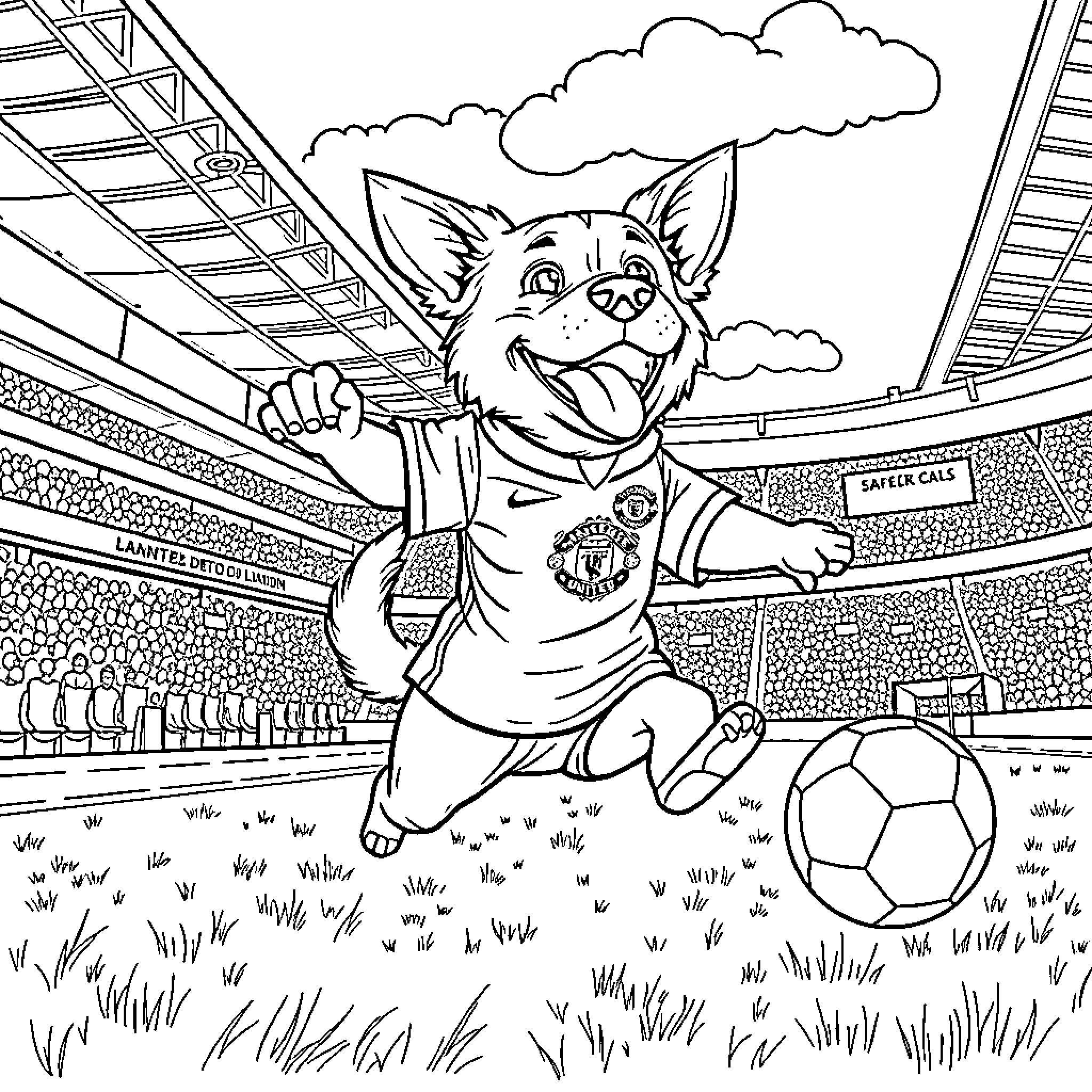 Dog playing soccer on the field Coloring Page (free black-and-white line drawing printable PDF for all, from beginners to advanced learners, including children, teens, adults, and seniors)