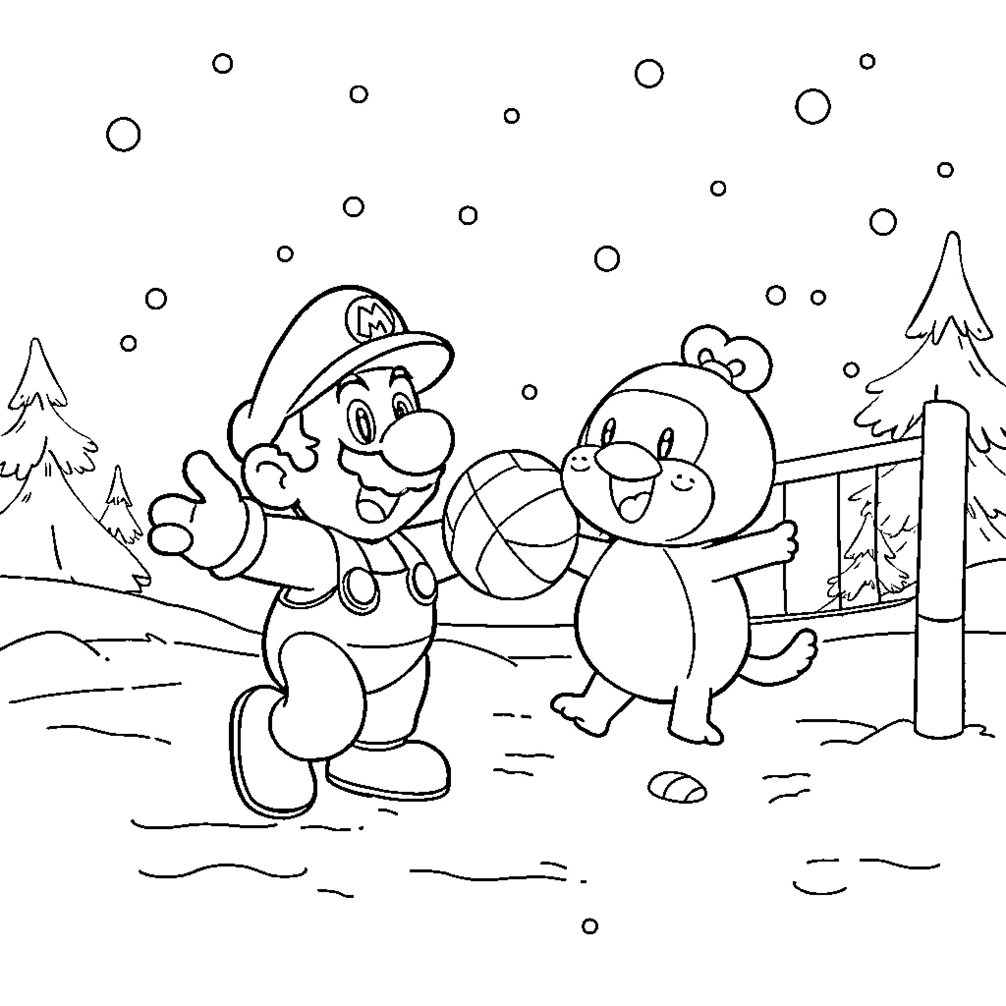 Super Mario playing in the snow with Penguin Coloring Page (free black-and-white line drawing printable PDF for all, from beginners to advanced learners, including children, teens, adults, and seniors)