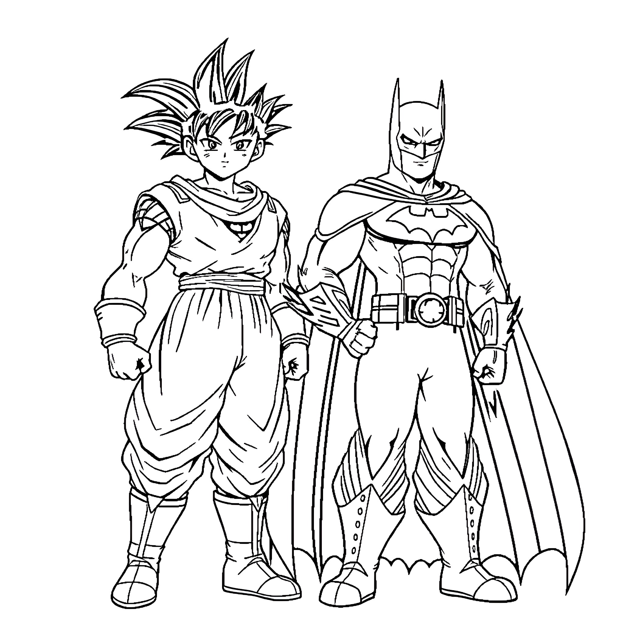 Batman and Goku Duo's Heroic Encounter Coloring Page (free black-and-white line drawing printable PDF for all, from beginners to advanced learners, including children, teens, adults, and seniors)
