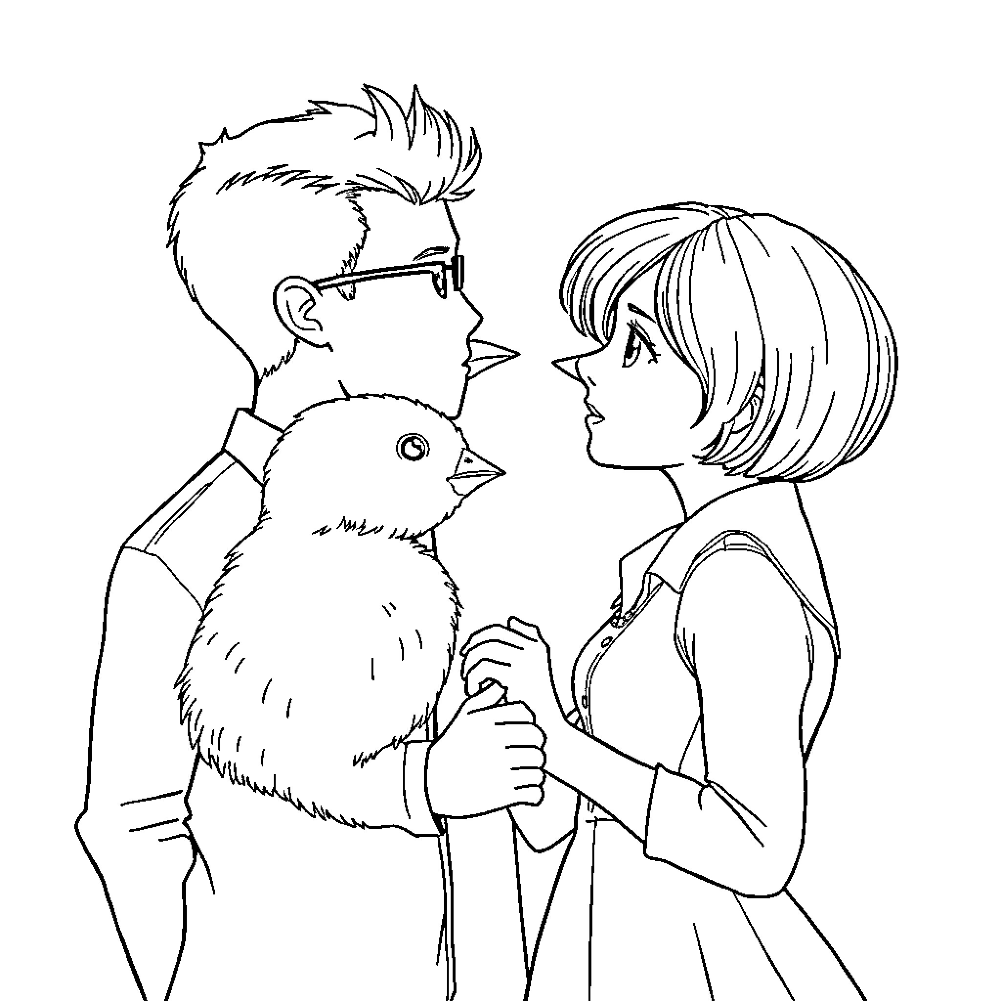 Pareja con expresiones cariñosas y acercamiento Coloring Page (free black-and-white line drawing printable PDF for all, from beginners to advanced learners, including children, teens, adults, and seniors)