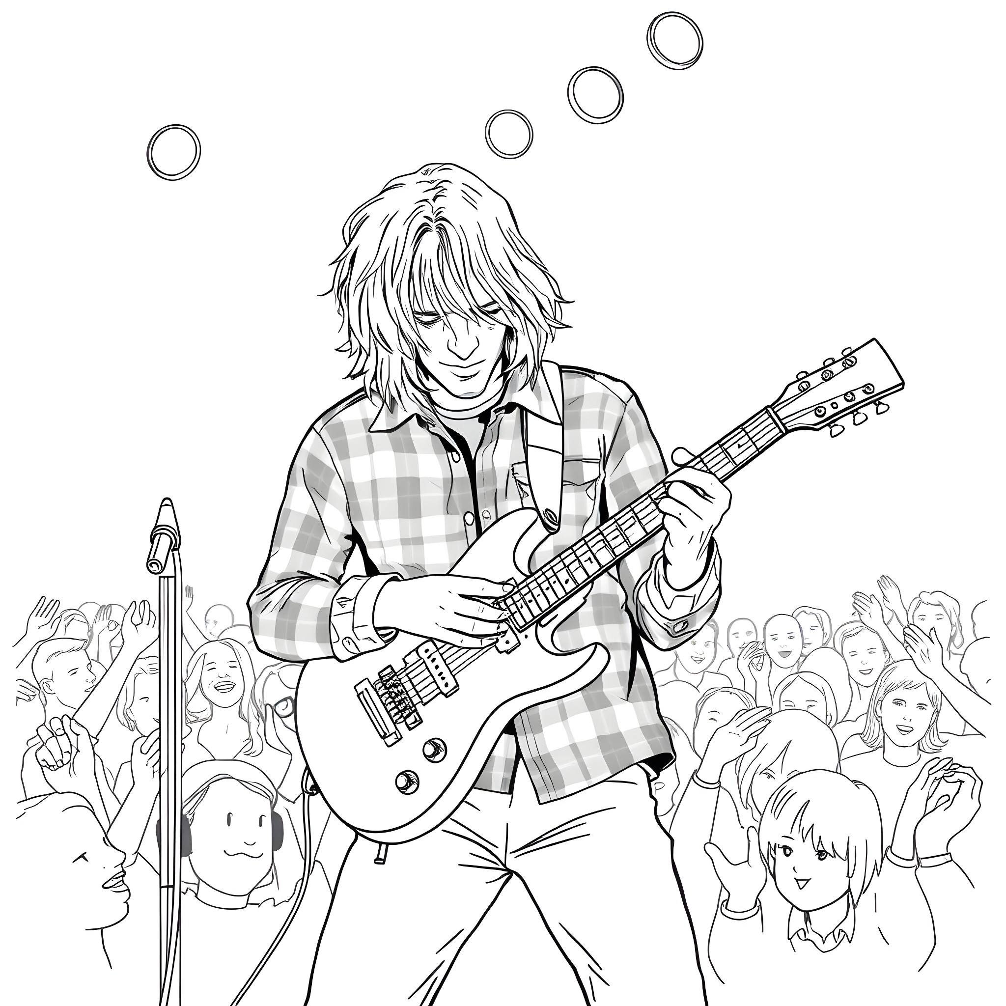 Kurt Cobain performing on stage with electric guitar Coloring Page (free black-and-white line drawing printable PDF for all, from beginners to advanced learners, including children, teens, adults, and seniors)