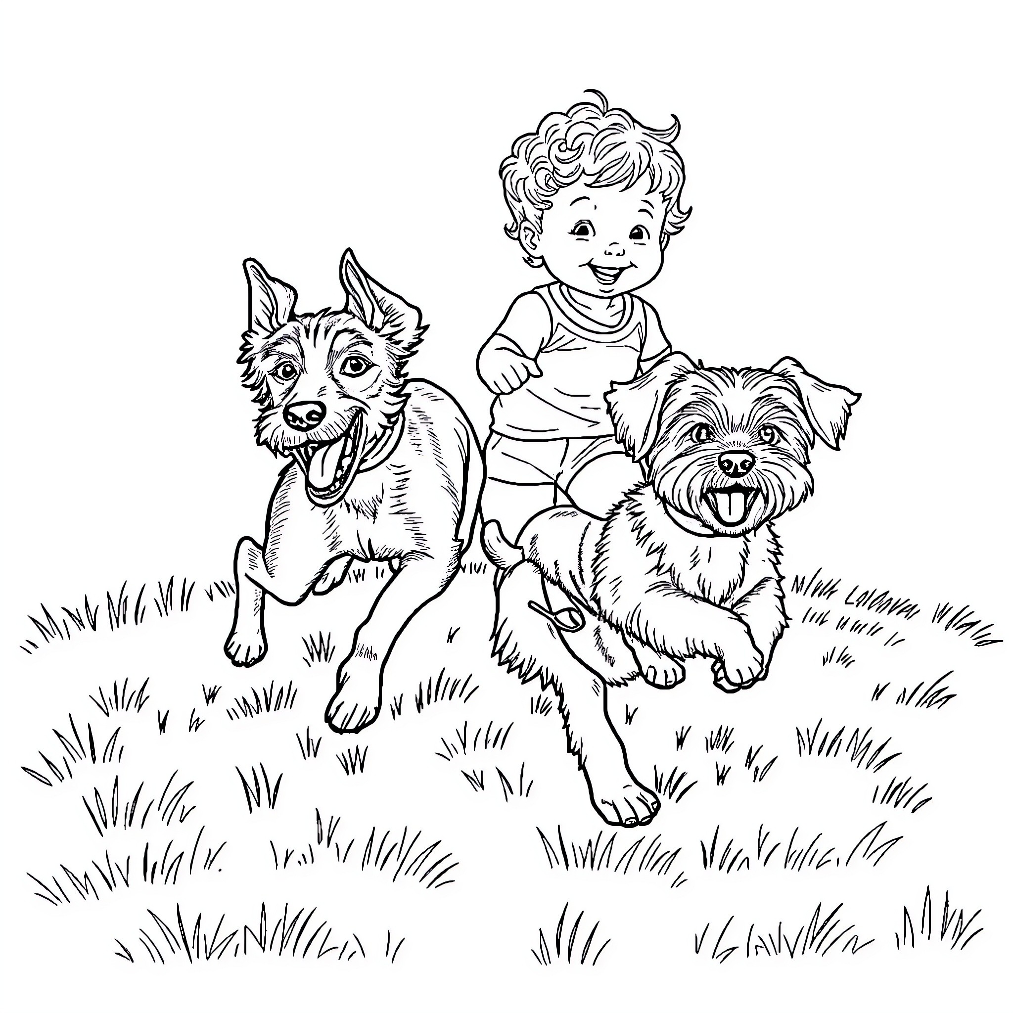 Dog playing with child and friend in the field Coloring Page (free black-and-white line drawing printable PDF for all, from beginners to advanced learners, including children, teens, adults, and seniors)